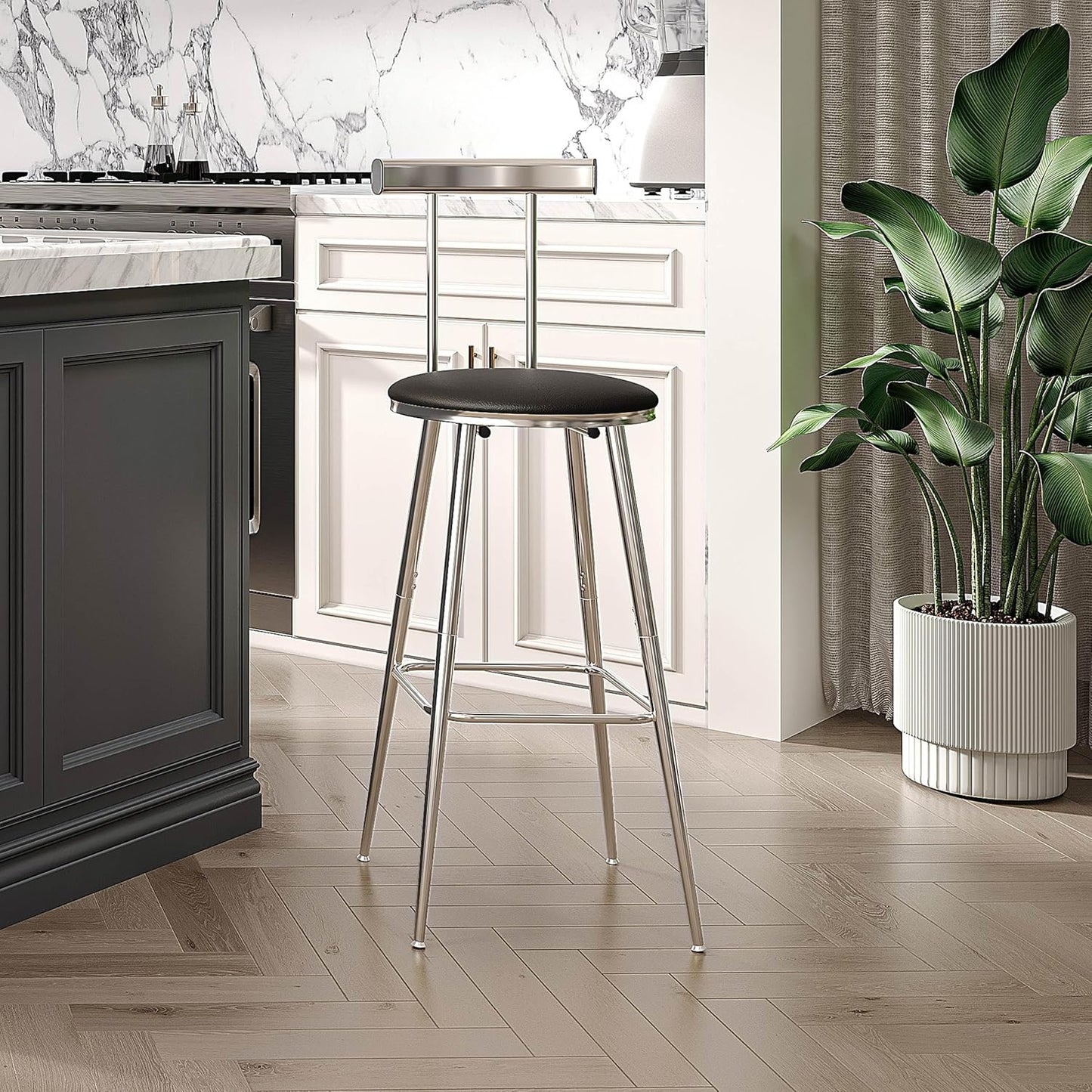 Bar Stools, Set of 2 High Kitchen Barstools, Bar Chairs with Backrest and Footrest, Industrial Counter Stools with PU Soft seat, for Kitchen, Living Room, Pub, Silvery BS-011SI