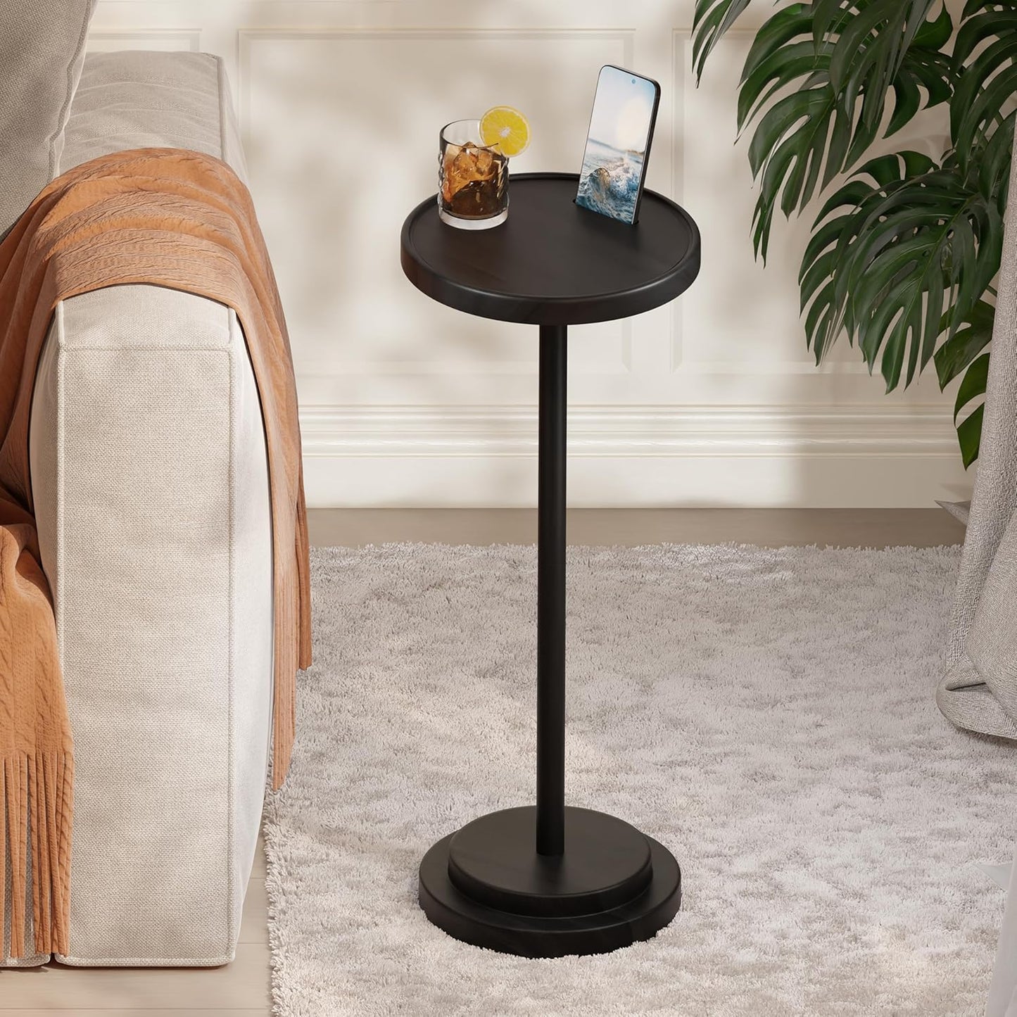 Drink Table, 24.4" Tall Compact Side Table with Phone Slot and Weighted Base, Durable Pedestal Table Accent for Living Room (Stepped Base, Black)