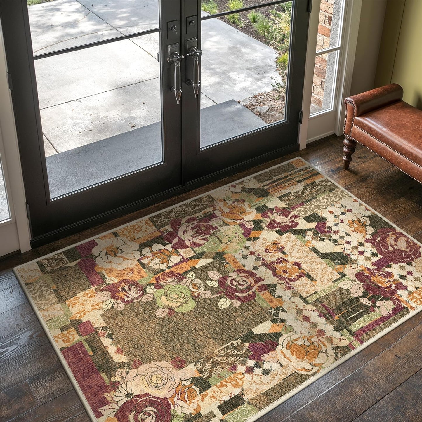 GENIMO Area Rug 2x3 Doormat, Machine Washable Low Pile Rugs, Small Floral Patchwork Retro Chenille Entryway Mat for Entrance, Hallway, Kitchen and Corridor, Auburn Cinnamon