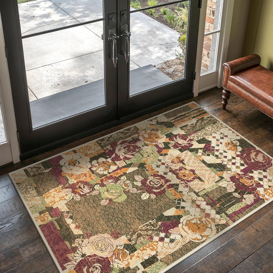GENIMO Area Rug 2x3 Doormat, Machine Washable Low Pile Rugs, Small Floral Patchwork Retro Chenille Entryway Mat for Entrance, Hallway, Kitchen and Corridor, Auburn Cinnamon