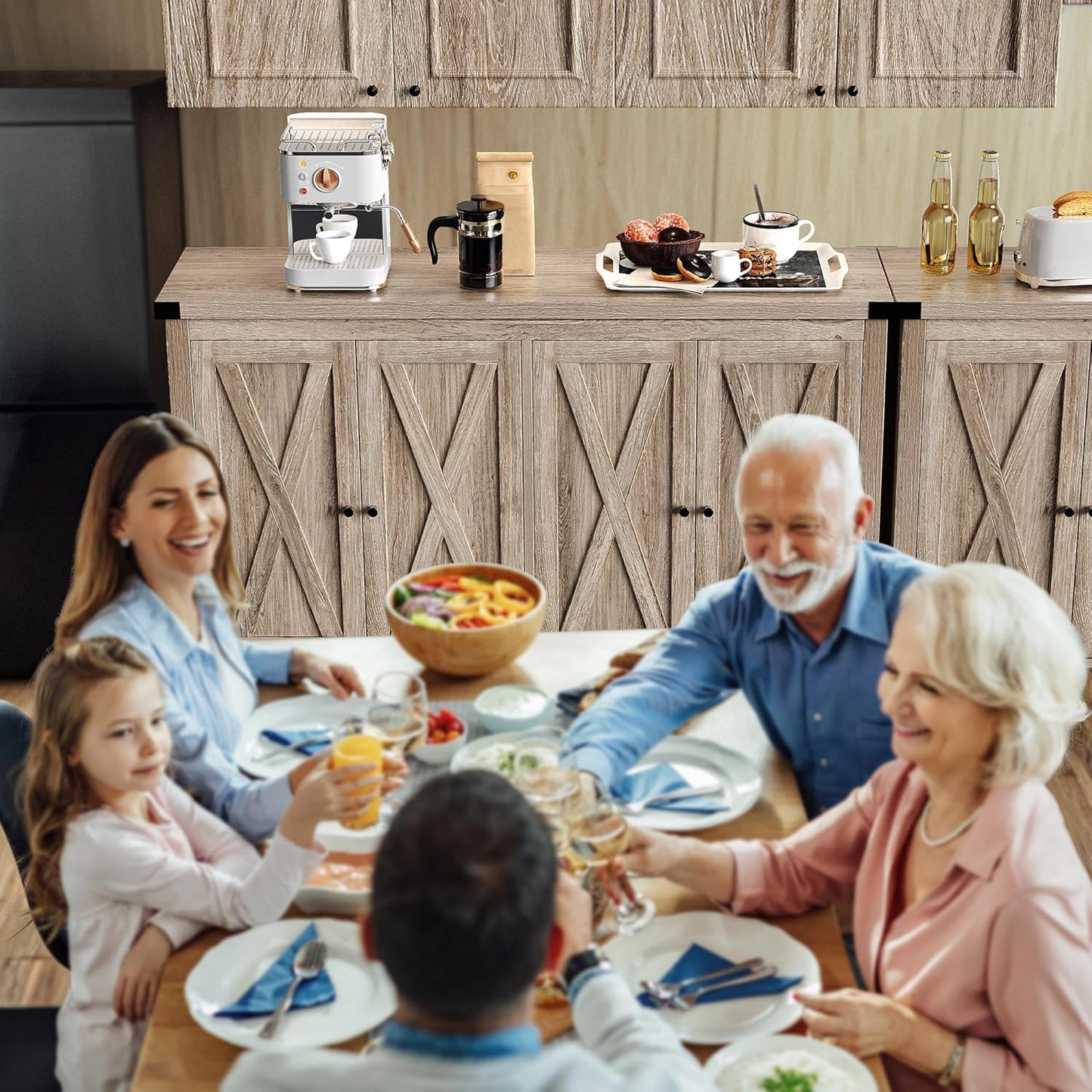 YITAHOME Buffet Cabinet with Storage, 55'' Modern Farmhouse Coffee Bar Cabinet w/4 Doors ＆Adjustable Shelf, Wood Large Kitchen Storage Cabinet with Barn Doors for Kitchen, Living Room, Grey-Brown