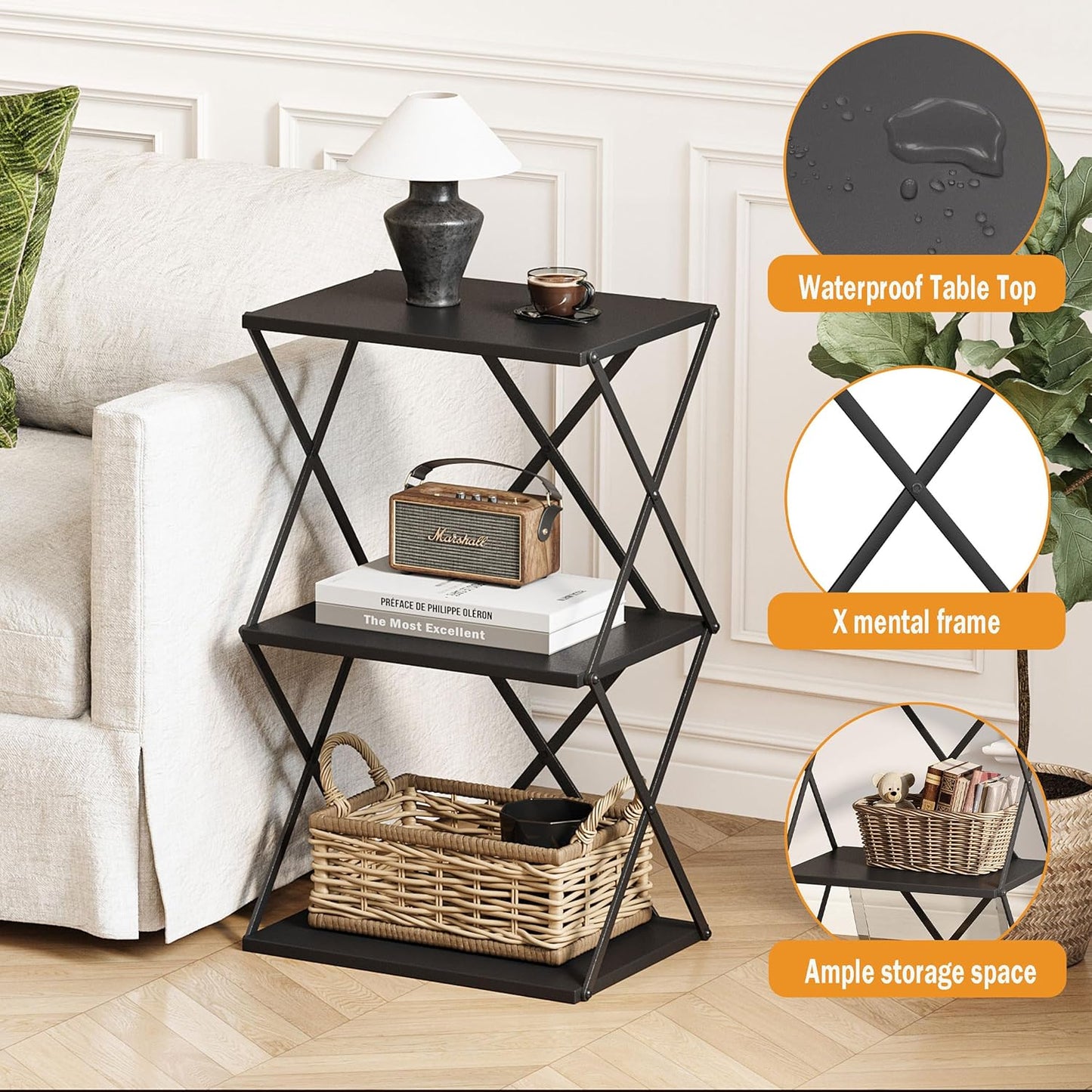 3-Tier End Table Set of 2 Small Side Table Tall Bedside Night Stand with Storage Sofa Side desks for Living Room Bedroom Office Bathroom Small Space, Black ET-03BK-2