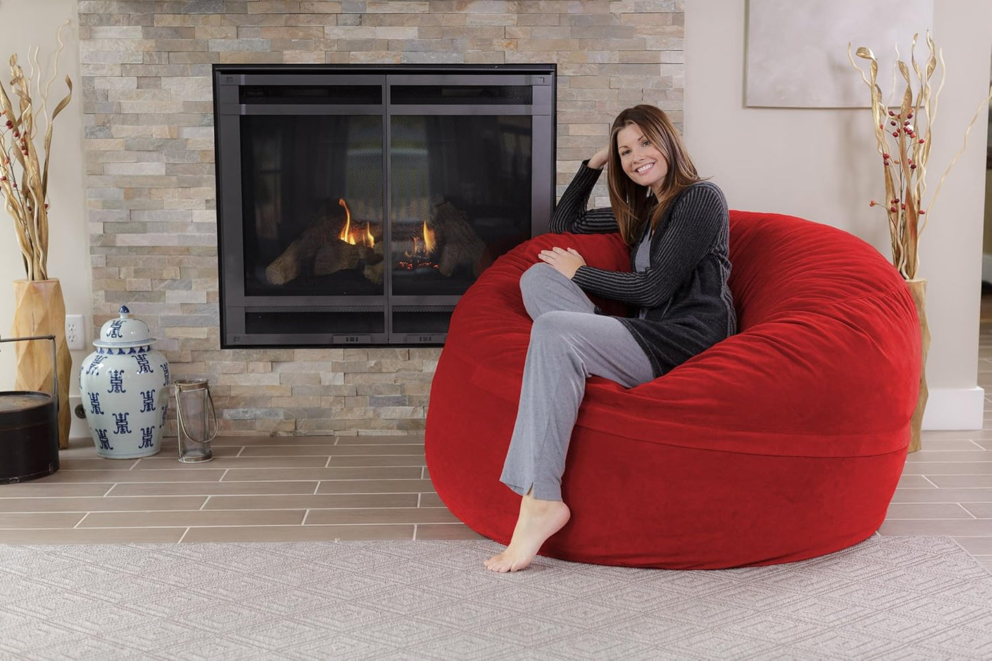 Chill Sack Bean Bag Chair - 5' Giant Memory Foam Lounge Chair with Soft Microfiber Cover – Cozy Furniture for Living Room, Dorm, & Kids' Rooms – Comfortable 5 Ft, Pebble Lounge Sofa, Red