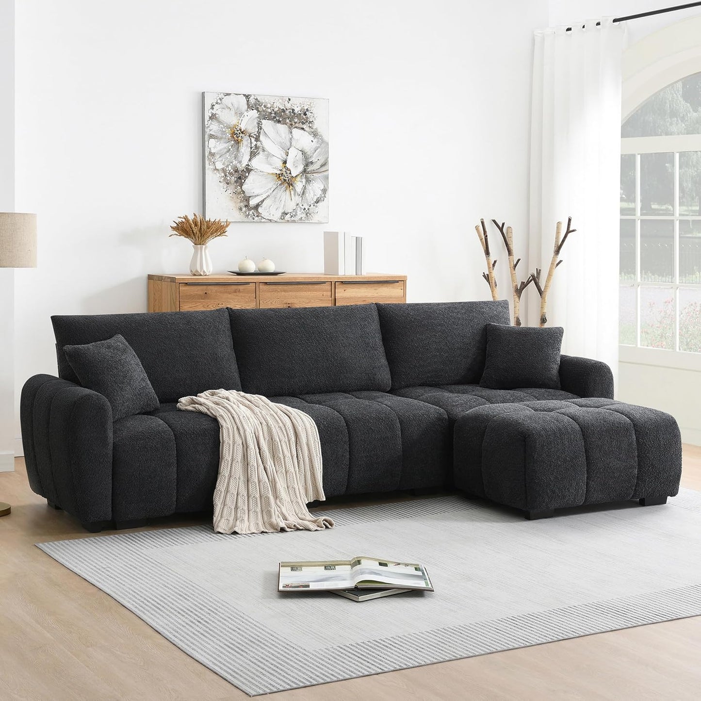 Ball & Cast Modular Sectional Sofa W/Movable Ottoman and 2 Lumbar Pillows,4 Seater L Shaped Couch W/Deep Seat,DIY Combination,Boucle Fabric Upholstered Sofa for Living Room,Apartment,Black+ Gray,110"