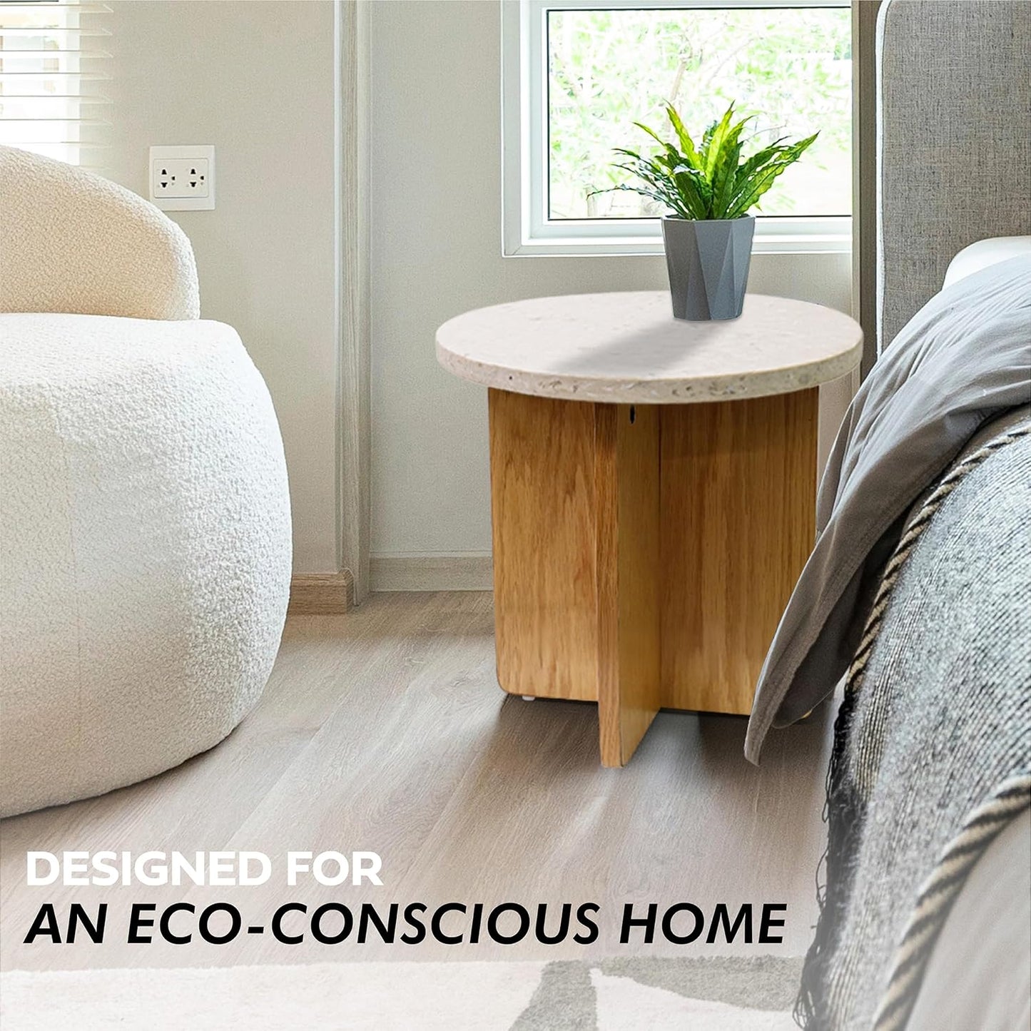 Melino Ocean-Plastic Round Side Table for Living Room, Bedroom, Nightstand with FSC Wood Base, Easy Assembly, Accent/Coffee Table (Plena Pearl, 14.6" D x 14.6" W x 13" H)