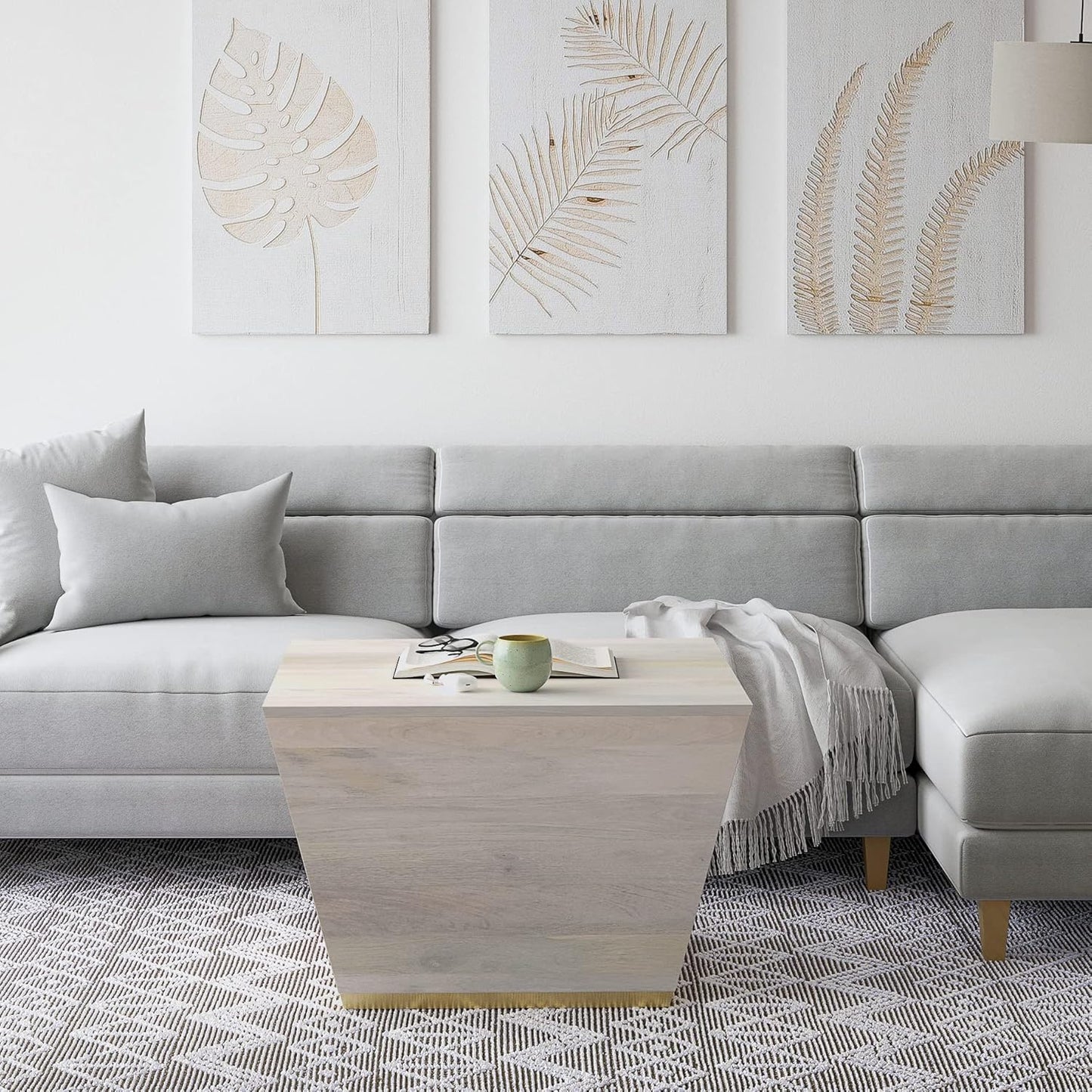 SIMPLIHOME Abba Square Coffee Table - 28 inch Wide Solid Mango Wood Modern Cocktail Table in White Wash, Contemporary Table for Living Room with Low Profile Block Design, Assembled