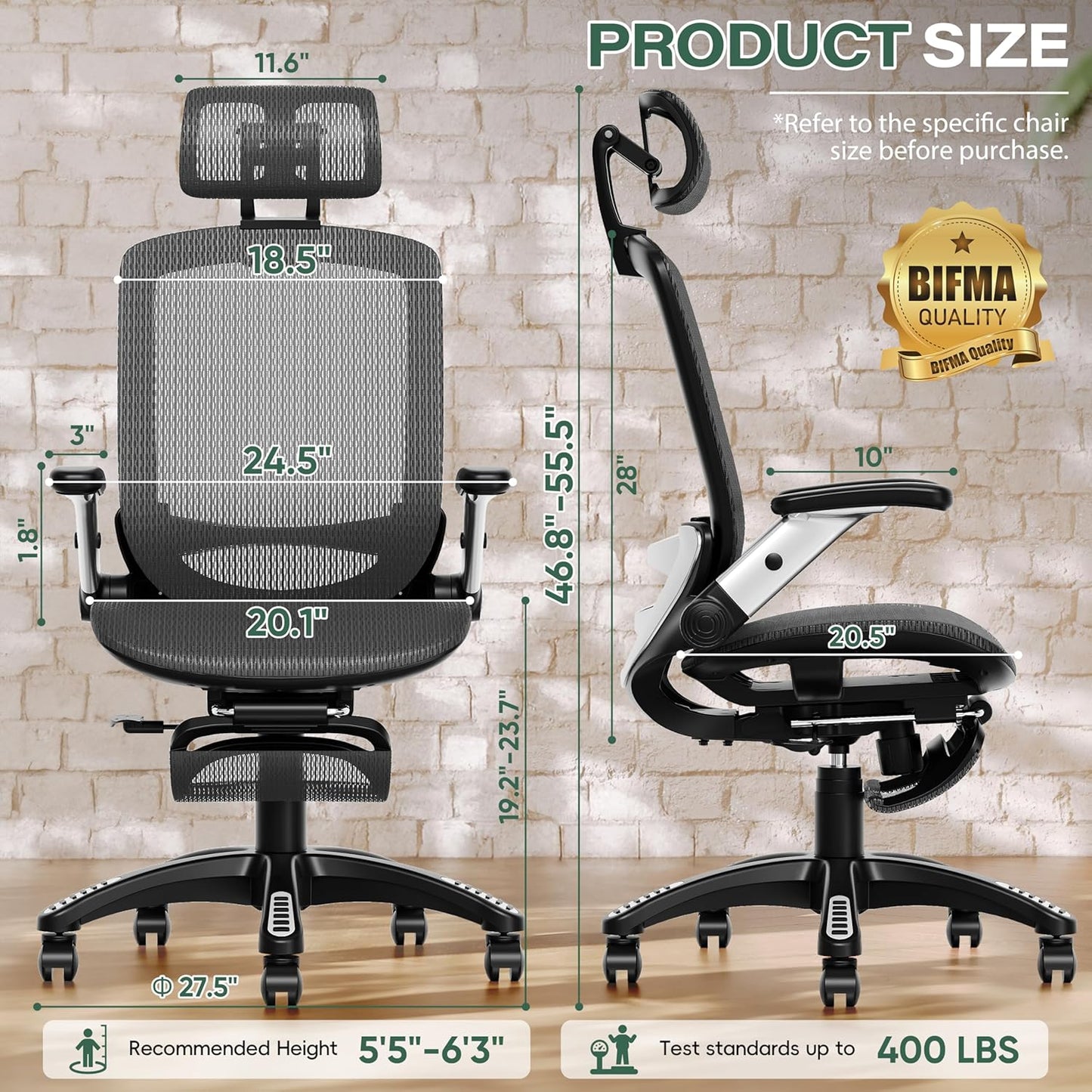 GABRYLLY Ergonomic Office Chair with Footrest, High Back Home Desk Chair - 3D Headrest, Flip-Up Arms, 135° Tilt and Wide Cushion, Heavy Duty Mesh Chairs for Task Computer Gaming,GYB01-FT