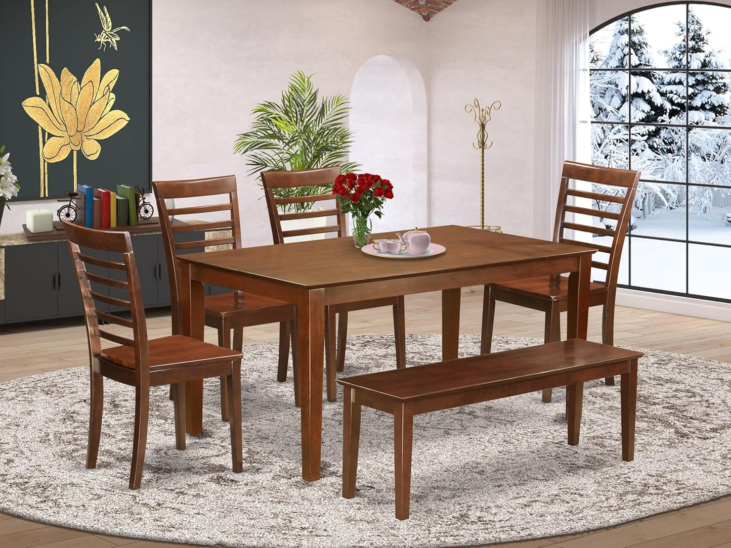 East West Furniture CAML6C-MAH-W 6 Piece Modern Dining Table Set Contains a Rectangle Wooden Table and 4 Wooden Chairs with a Bench, 36x60 Inch, Mahogany