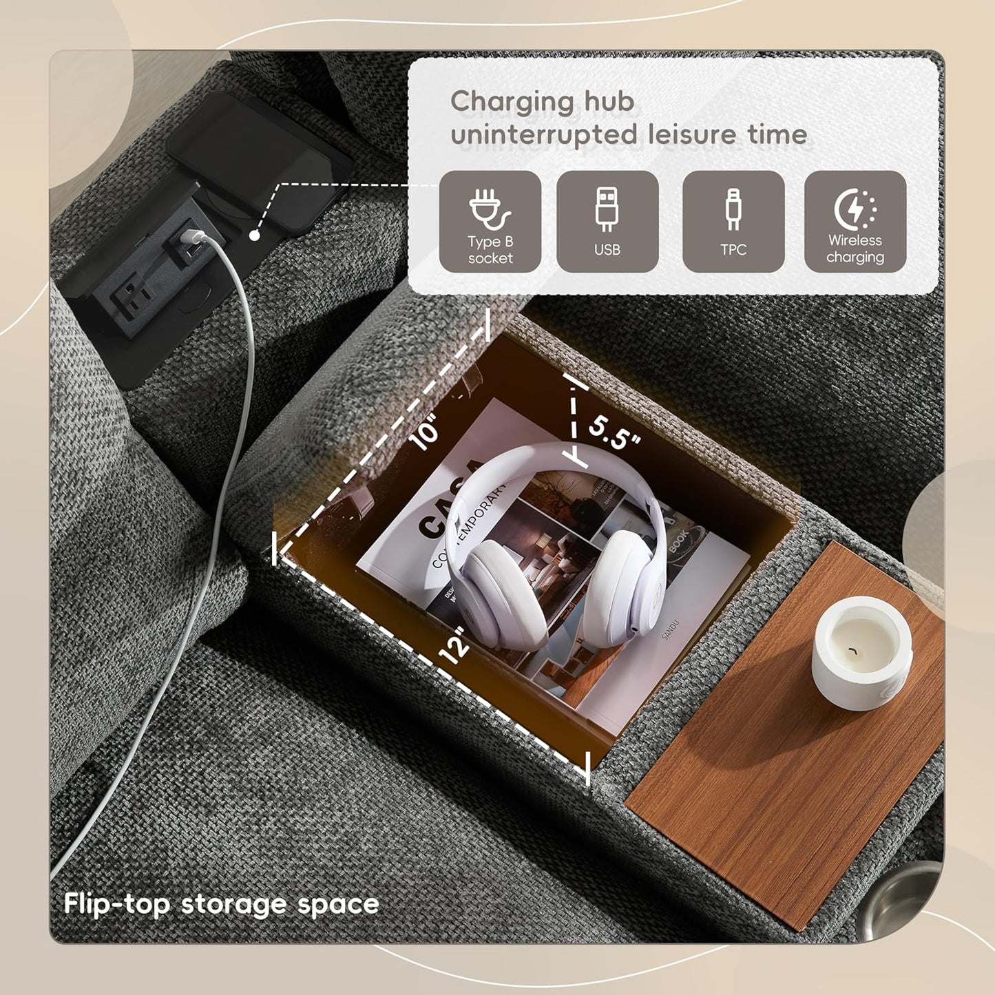 Merax 142'' Modular Sectional Sofa Set with Movable Storage Ottoman and Console, Cup Holder, Wide Seat, 6 Seat U Shaped Couch, Oversized Chenille Sofa with USB Charger for Living Room, Apartment, Gray