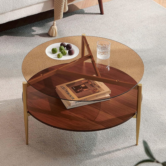 Round Coffee Table, Mid-Century Modern Design, D30*H17 inch, for Living Room, 2-Tier Structure, Amber Glass Top and Walnut Wood Shelf, Sleek Conical Metal Legs with Gold Finish