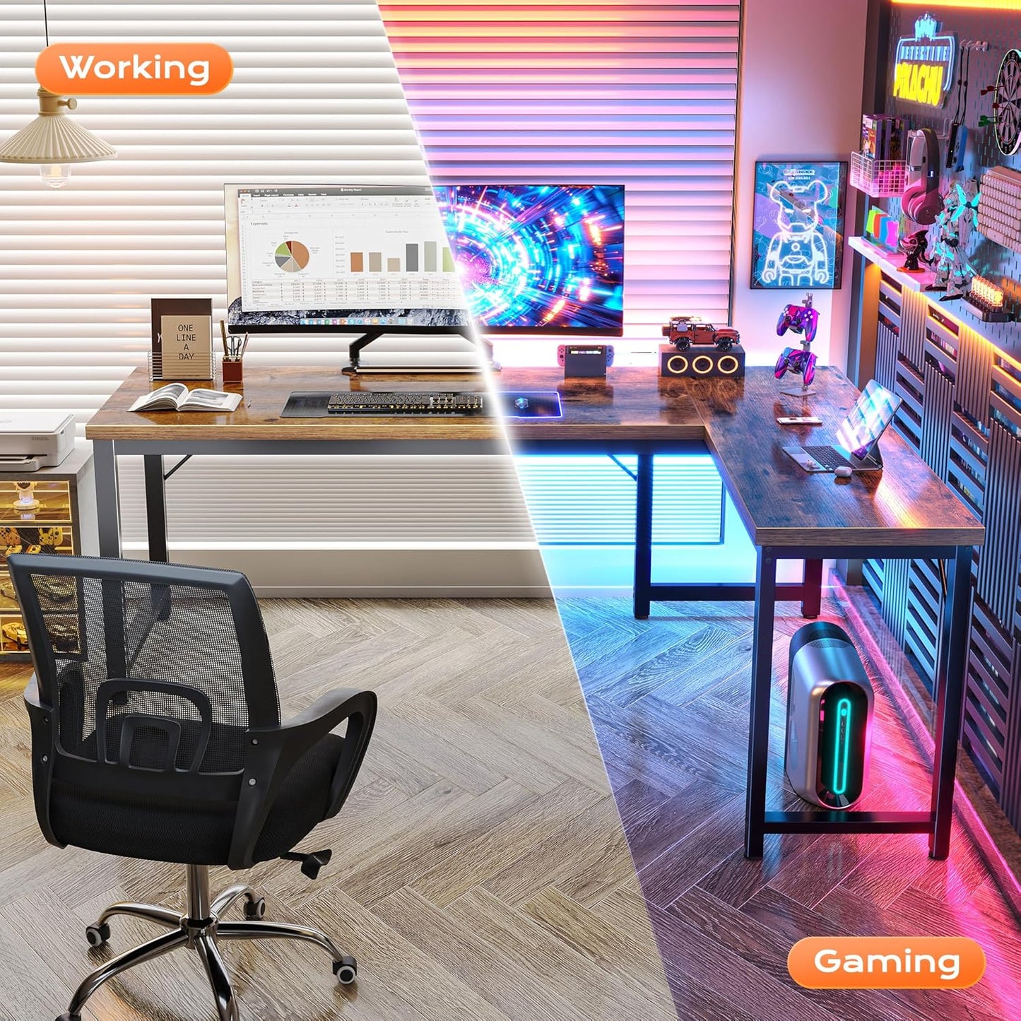 Huuger 63 Inch L Shaped Desk with 0.95 Inch Thicker Desktop, Reversible Computer Desk, Larger Corner Office Gaming Desk, Robust Metal Frame, for Home Office, Rustic Brown