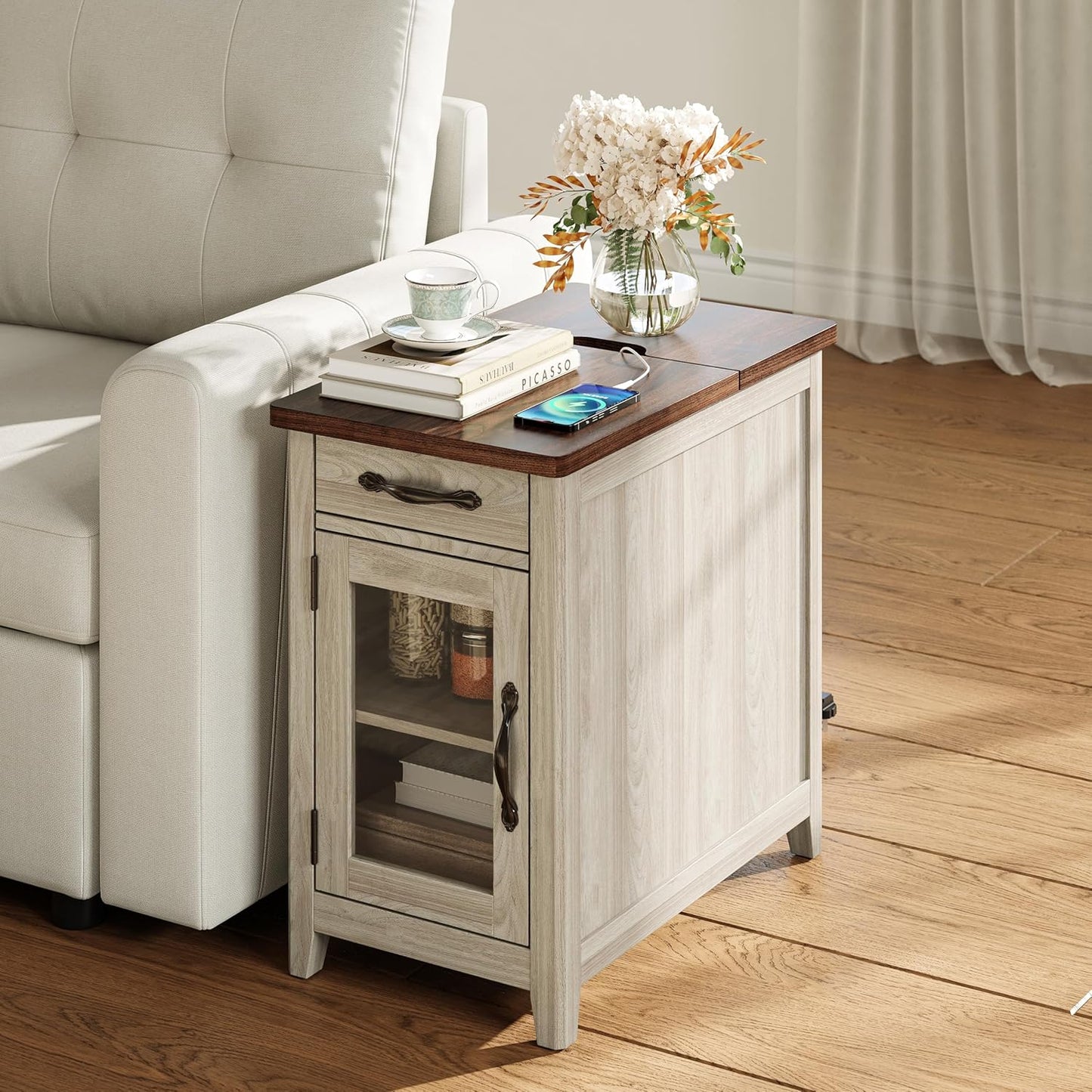 LINSY HOME End Table Set of 2 with Charging Station, Modern Farmhouse Sofa Couch Side Table, Wooden Bedside Table for Living Room, Slim Nightstand with Storage Cabinet for Small Space, Glass Door