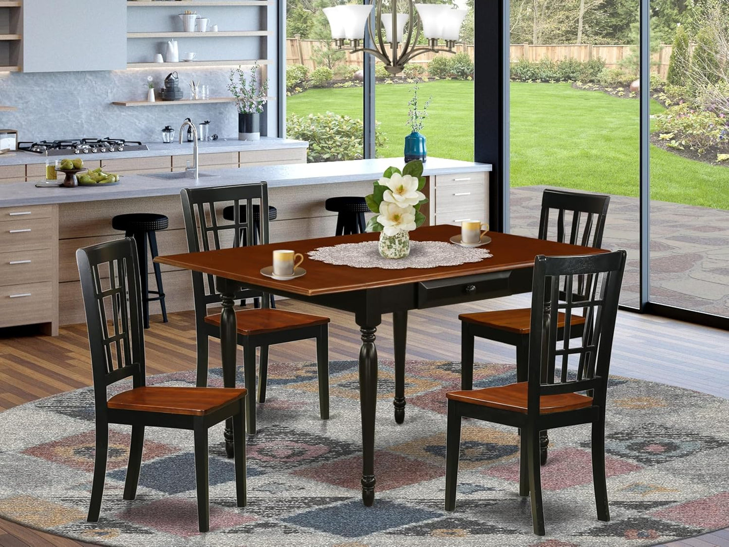 East West Furniture MZNI5-BCH-W 5 Piece Kitchen Table Set for 4 Includes a Rectangle Dining Room Table with Dropleaf and 4 Solid Wood Seat Chairs, 36x54 Inch, Black & Cherry