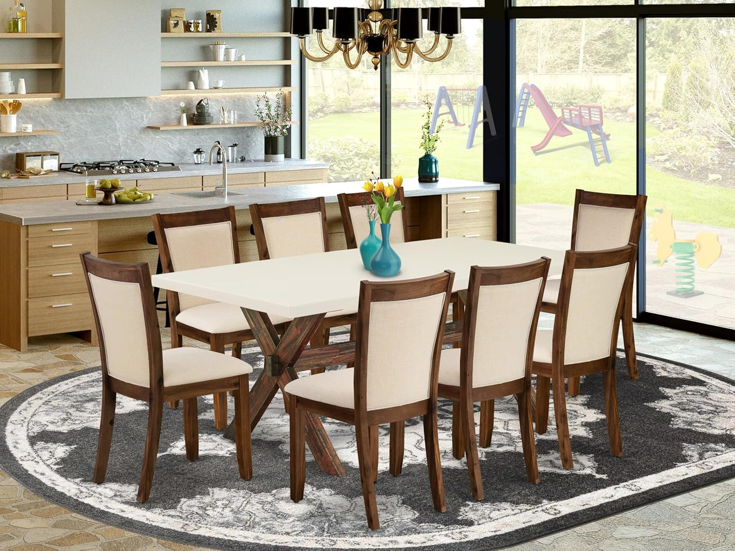 East West Furniture X727MZN32-9 9 Piece Dining Room Furniture Set Includes a Rectangle Dining Table with X-Legs and 8 Light Beige Linen Fabric Parsons Chairs, 40x72 Inch, Multi-Color