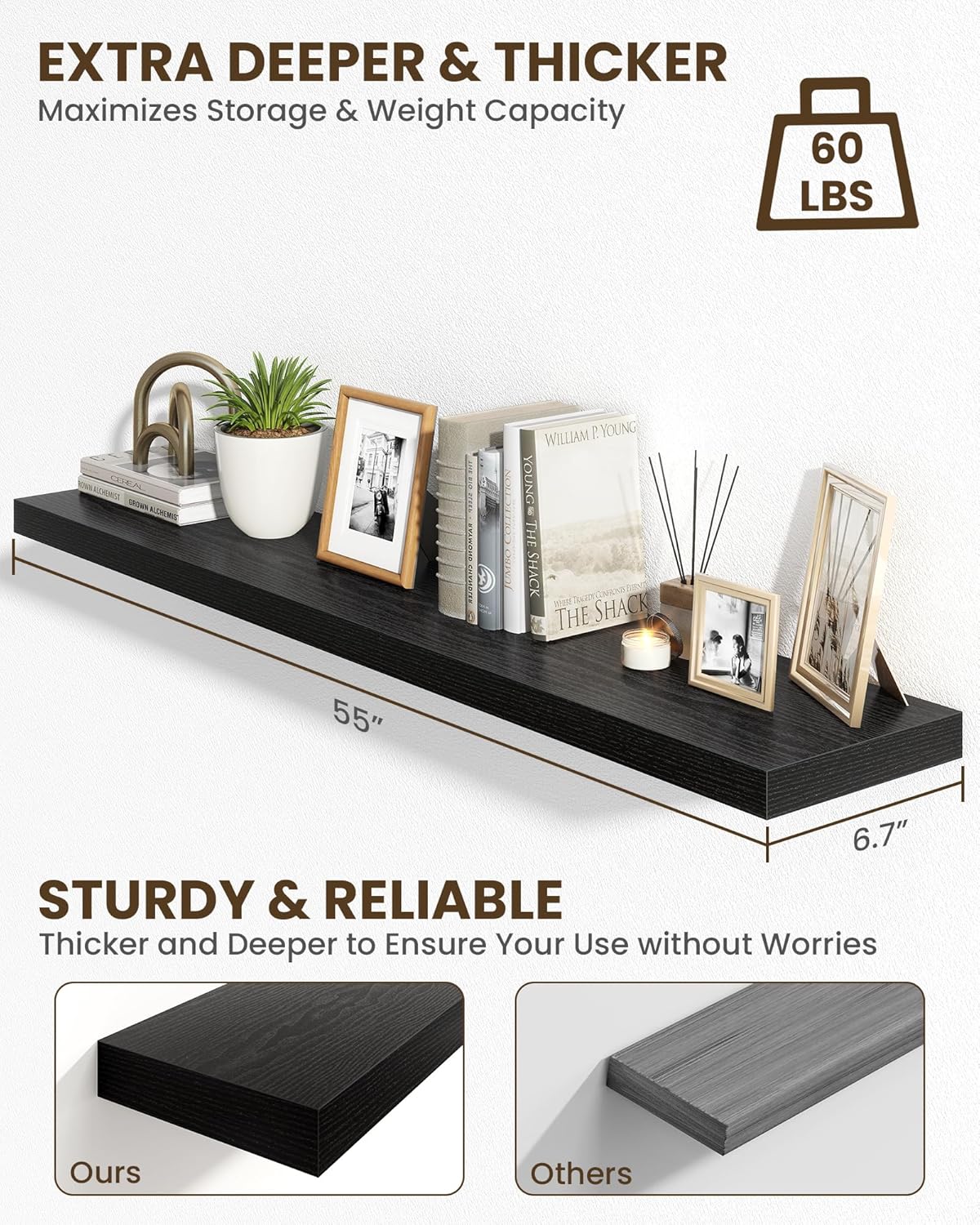 Marsmiles 55" Floating Shelves for Wall, Wooden Shelves with Invisible Brackets Set of 2, Rustic Farmhouse Wall Mounted Shelf for Kitchen Bathroom Living Room Study, Black