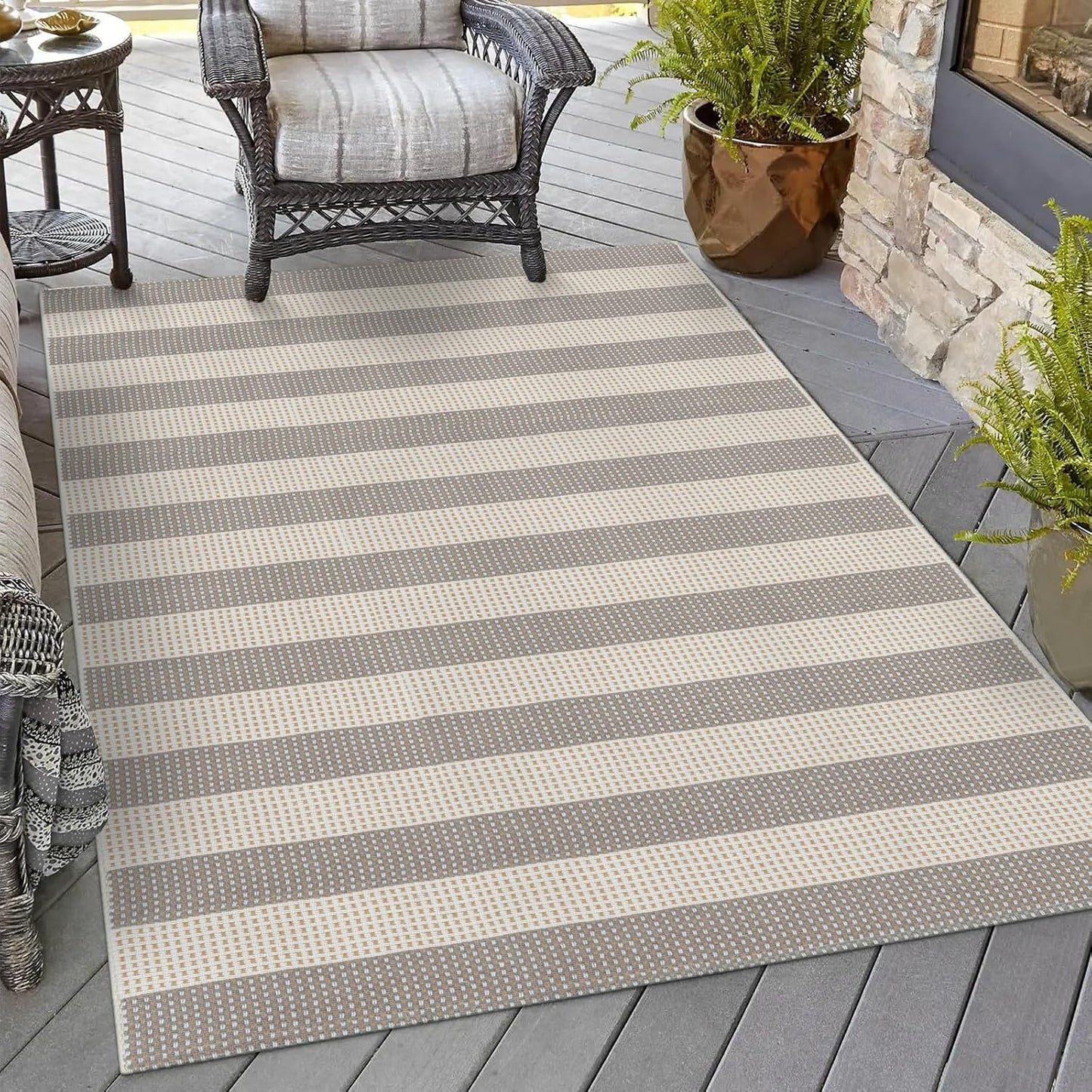 OJIA Outdoor Area Rug 4'x6' Striped Patio Rugs Washable Woven Cotton Indoor Outdoor Rug Living Room Rug Checkered Rug Floor Carpet for Living Room/Dining Room/Deck/Backyard (Gray/White/Tan)