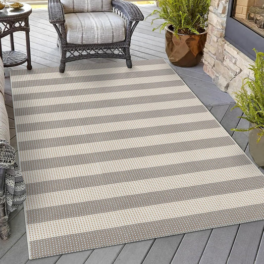 OJIA Outdoor Area Rug 4'x6' Striped Patio Rugs Washable Woven Cotton Indoor Outdoor Rug Living Room Rug Checkered Rug Floor Carpet for Living Room/Dining Room/Deck/Backyard (Gray/White/Tan)