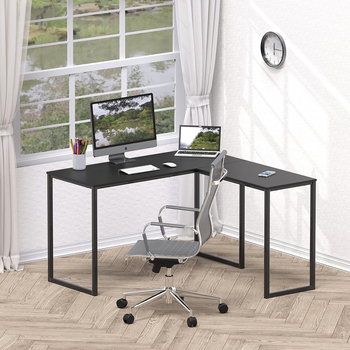 SHW Mission 48 x 48 Inches L-Shape Home Office Computer Desk, Black