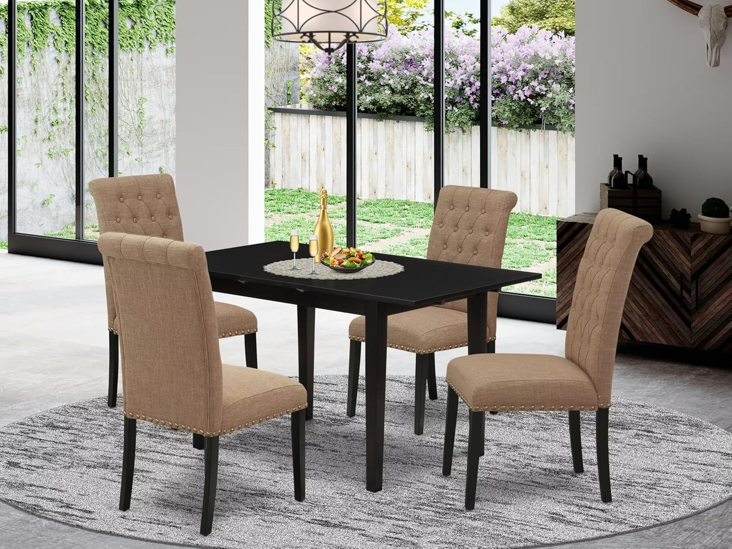 East West Furniture NOBR5-BLK-17 5 Piece Kitchen Set for 4 Includes a Rectangle Dining Room Table with Butterfly Leaf and 4 Light Sable Linen Fabric Parsons Chairs, 32x54 Inch, Black