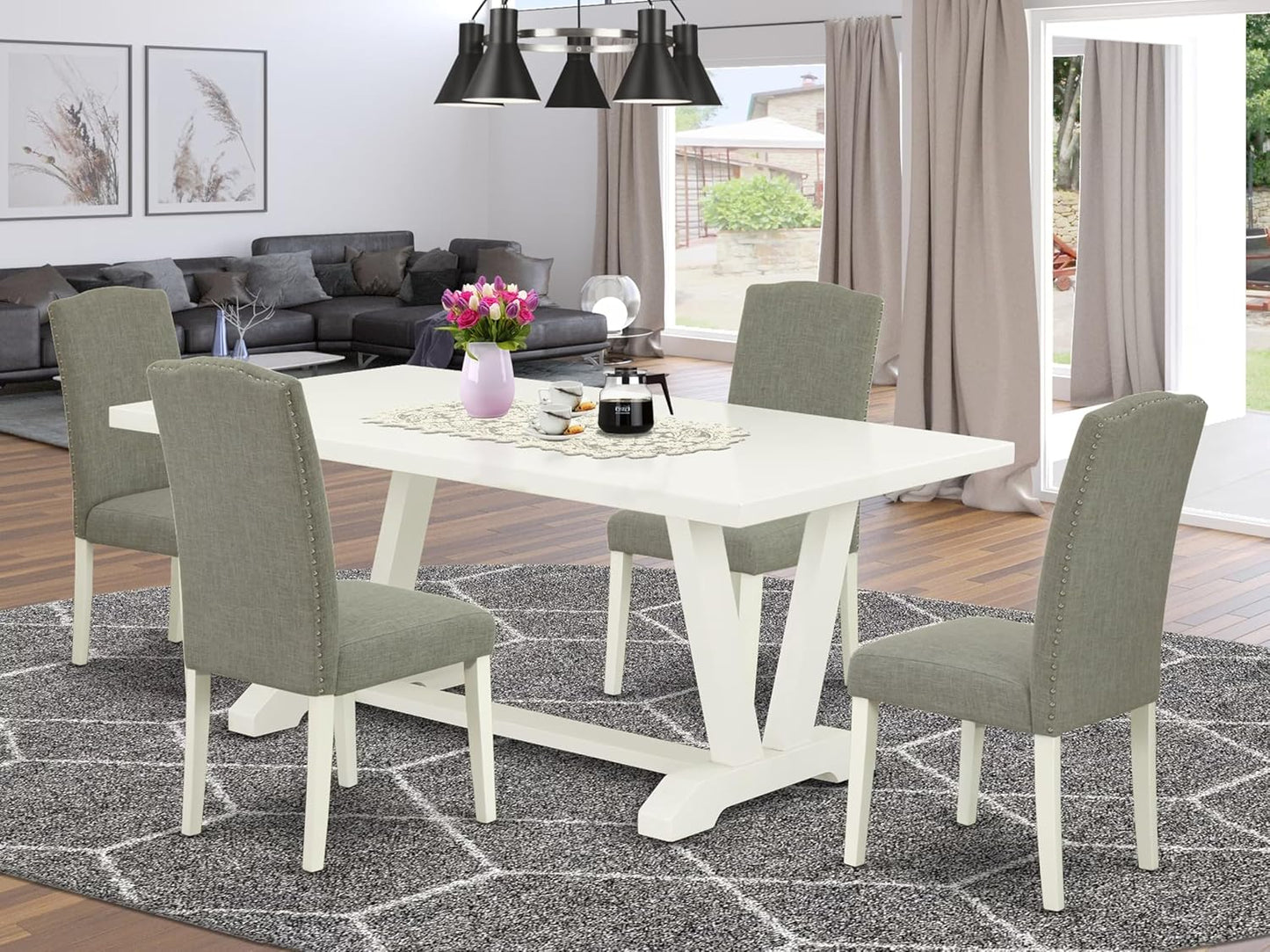 East West Furniture V027EN206-5 5 Piece Kitchen Table & Chairs Set Includes a Rectangle Dining Room Table with V-Legs and 4 Dark Shitake Linen Fabric Parsons Chairs, 40x72 Inch, Multi-Color