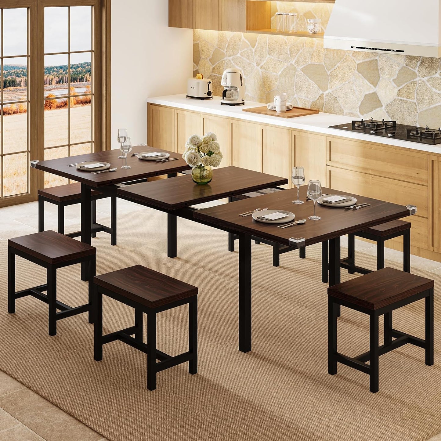 7-Piece Dining Table Set, 63" Extendable Kitchen Room Table with 6 Stools, Mid Century Modern Dinner Table with Metal Frame & MDF Board, Space-Saving, Easy Assembly, Espresso