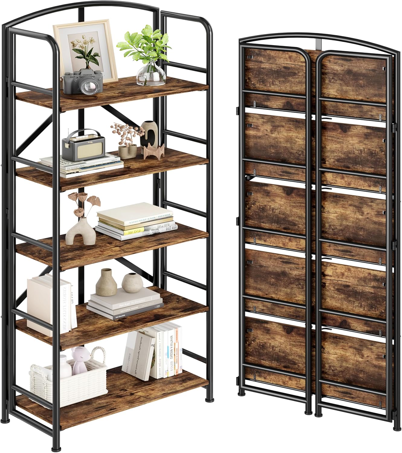 No-Assembly Folding Gold Bookshelf Storage Shelves 5 Tiers Vintage Multifunctional Plant Flower Stand Storage Rack Shelves Bookcase for Home Office
