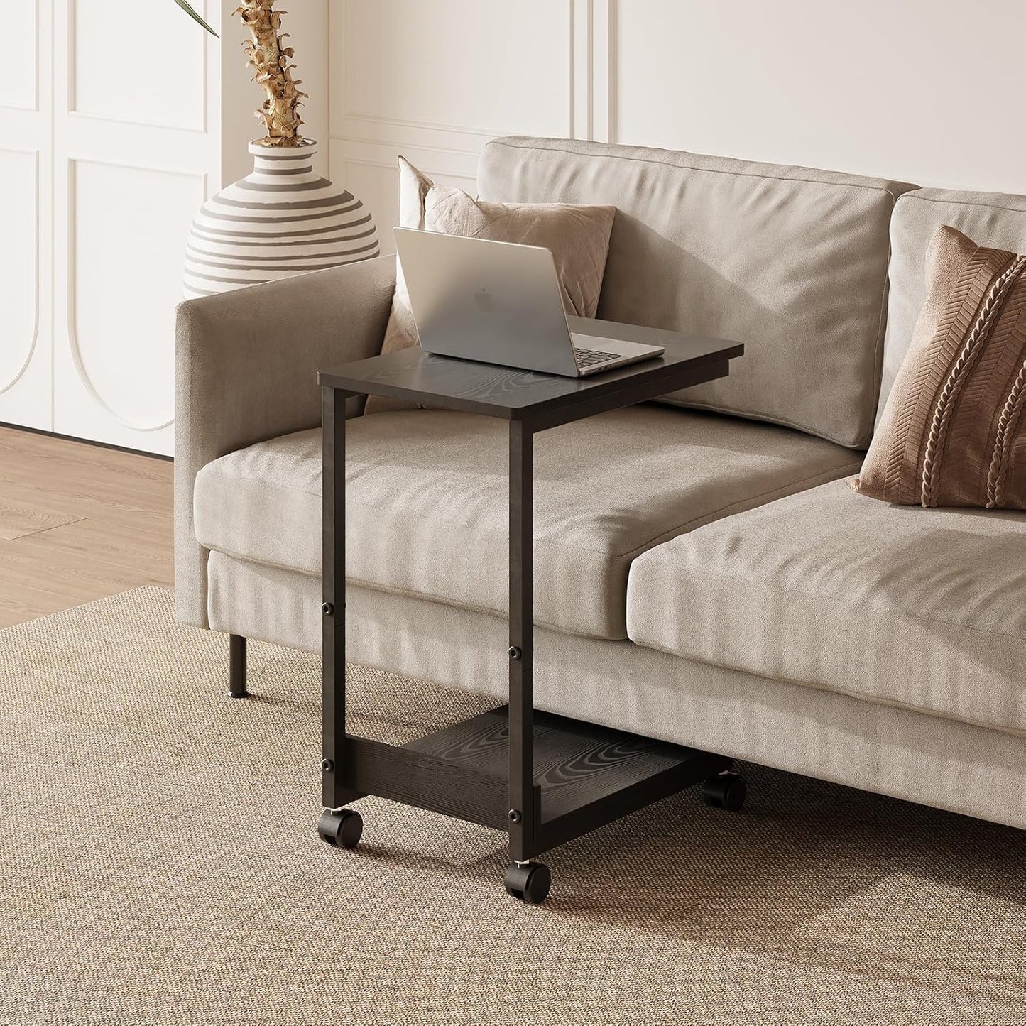 Side Table,C Table with 2-Tier Storage Shelf, End Table with Metal Frame, Sofa Table with Wheels for Living Room, Bedroom, Office, Bathroom, Easy Assembly, Black