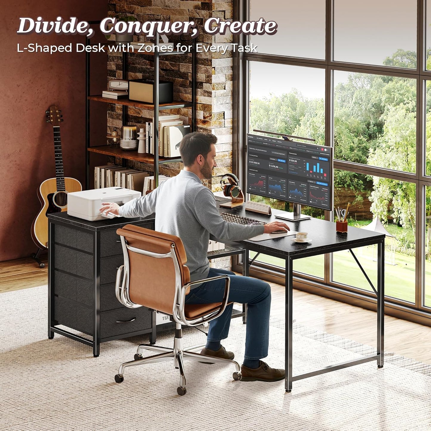 PRAISUN 43.3" Small Computer Desk with Power Outlets and USB-C Port, Reversible L Shaped Corner Office Desk with 4 Fabric Drawers and 2 Height-Adjustable Shelves, for Gaming Writing, Black