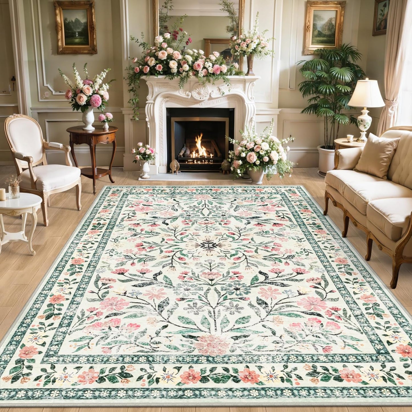 Area Rugs 9x12 Living Room: Floral Washable Rug Vintage Large Soft Boho Non-Slip Carpet Indoor Stain Resistant Low Pile Carpets for Bedroom Dining Room Farmhouse Nursery Home Office Green Beige