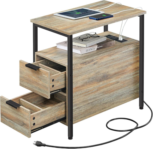 VASAGLE Side Table with Charging Station, Narrow End Table with 2 Drawers, Slim Nightstand and Bedside Table with Storage, for Small Spaces, Oak with Blue Grains and Black ULET321B60