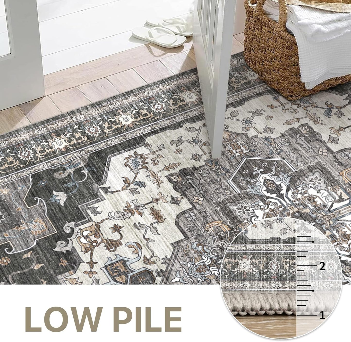 GENIMO 2X10 Hallway Runner Rug, Machine Washable Non Slip Vintage Floral Patchwork Runners, Thin Low Pile Chenille Carpet Runners for Entryway, Kitchen, Bathroom, Bedroom, Slate Gray