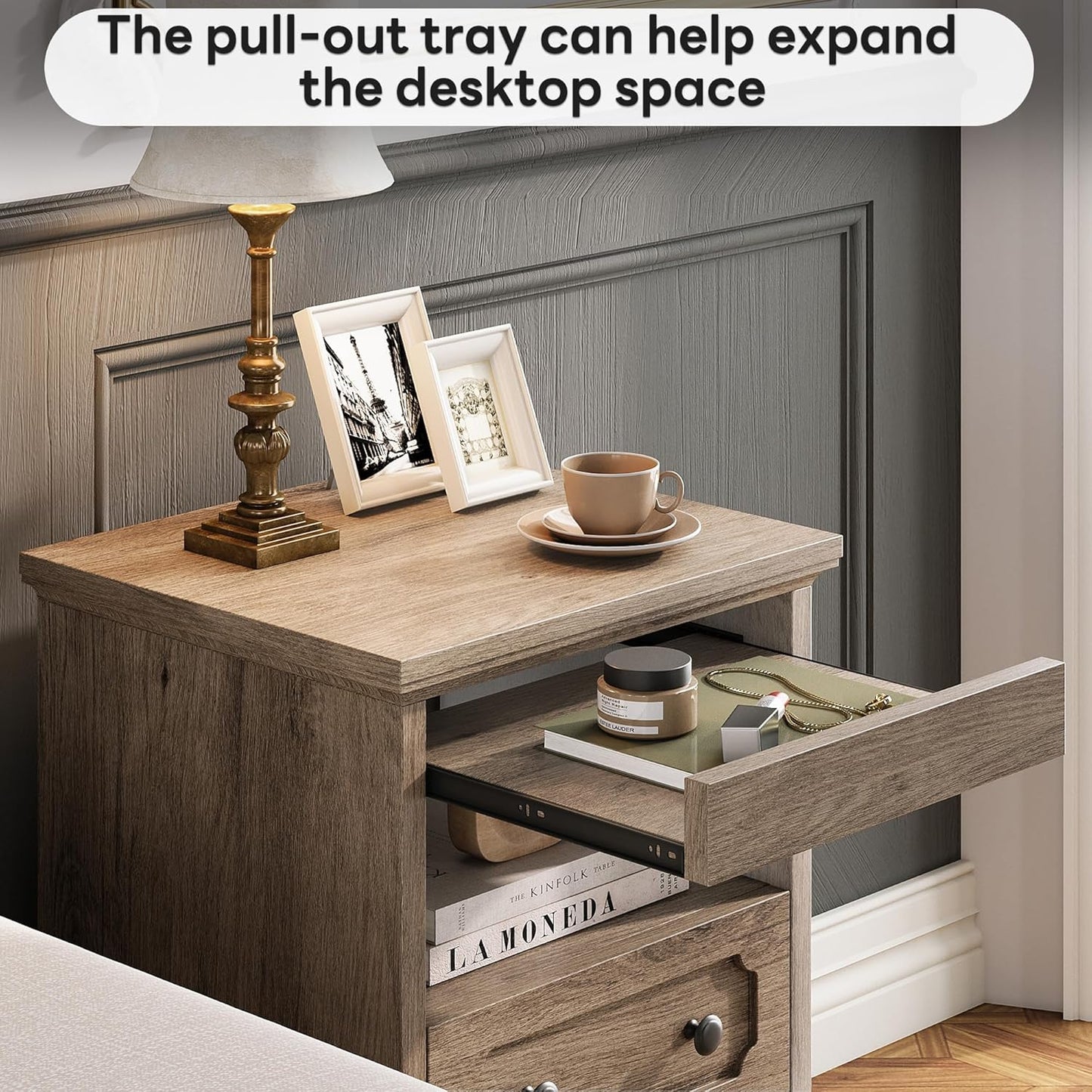 LIKIMIO Night Stand, Modern Bedside Table with 2 Drawers, Open Shelf, End Table with Pull-Out Tray, Wood SideTable, Grey Oak