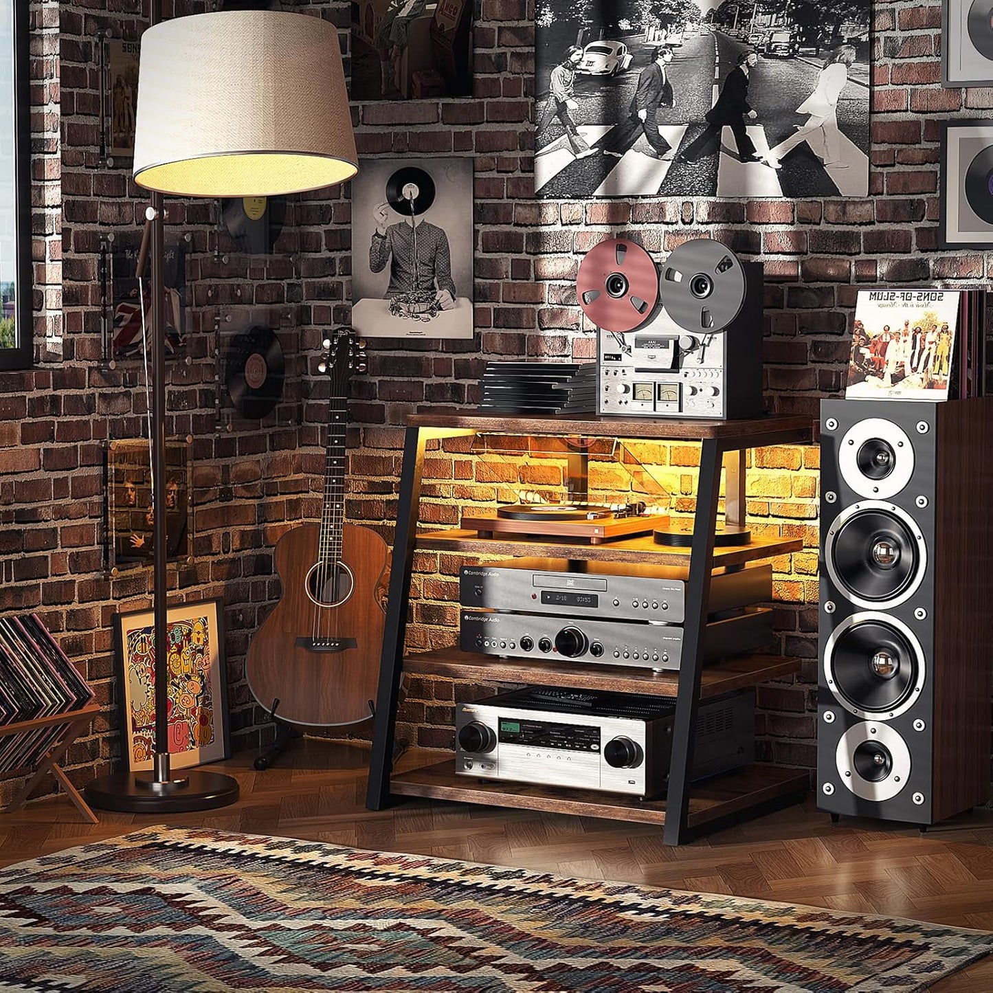 Armocity 4-Tier AV Media Stand with Power Strips, Stereo Stand with LED Lights, Audio Tower Rack with Adjustable Shelves, Small Entertainment Center, 30'', Rustic Brown