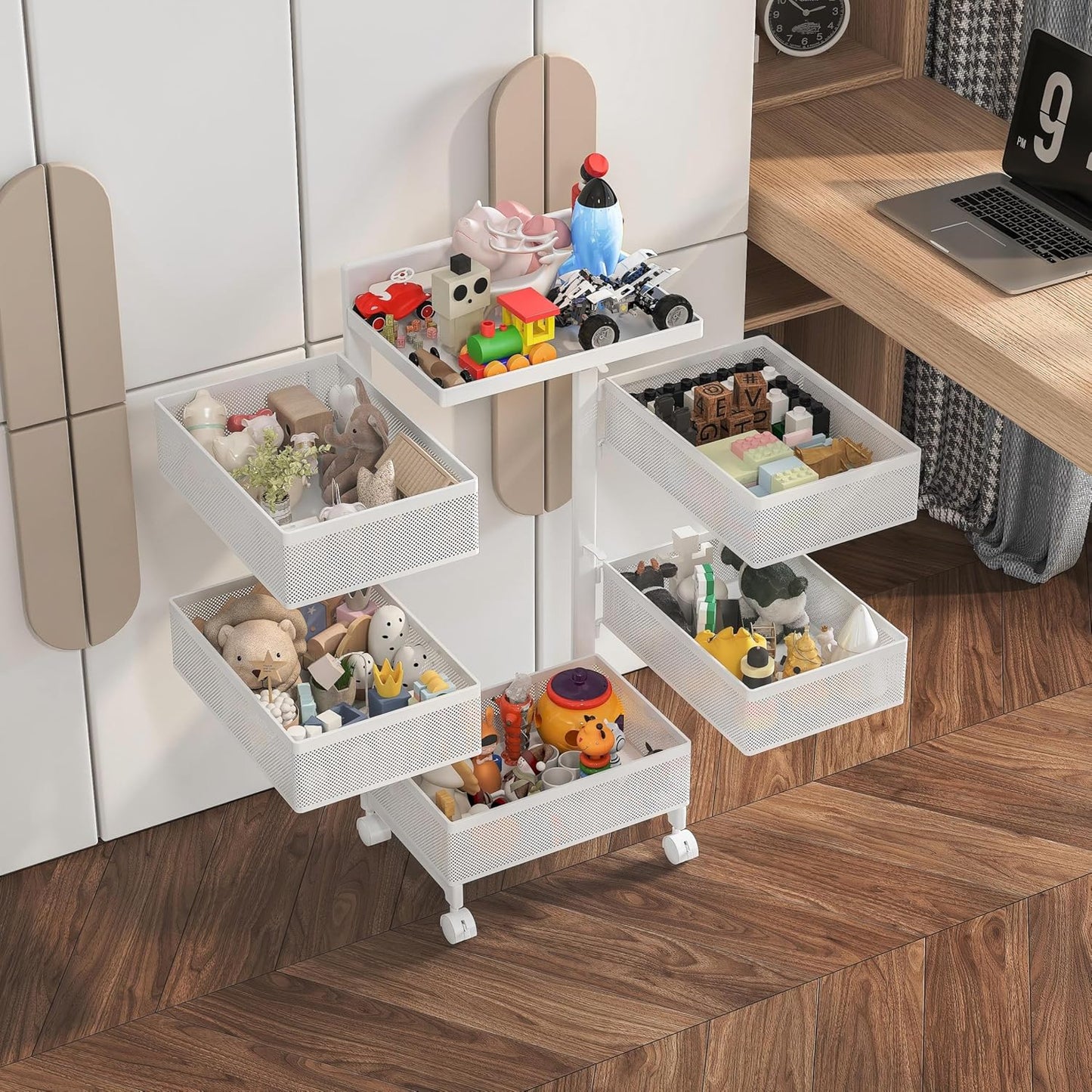 Fruit Basket for Kitchen No Assembly, Rolling Rotating Storage Cart,Bathroom Shelf,Mobile Metal Utility Storage Cart,Potato and Onion Storage Drawer Cart(Bright White, 5 Tier-Square)