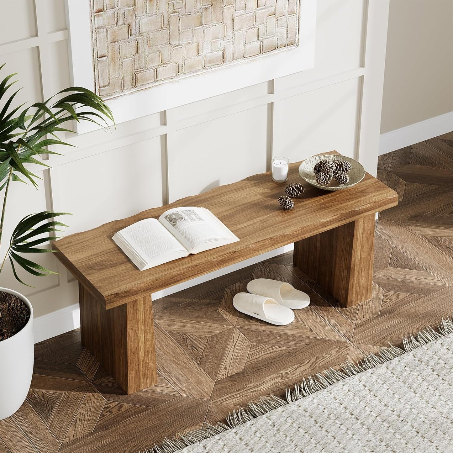 LITTLE TREE 47-Inch Wooden Entryway Bench, Farmhouse Dining Bench with Sturdy Frame for Dining Room, Bedroom, Living Room Hallway Kitchen, Easy Assembly (Walnut)