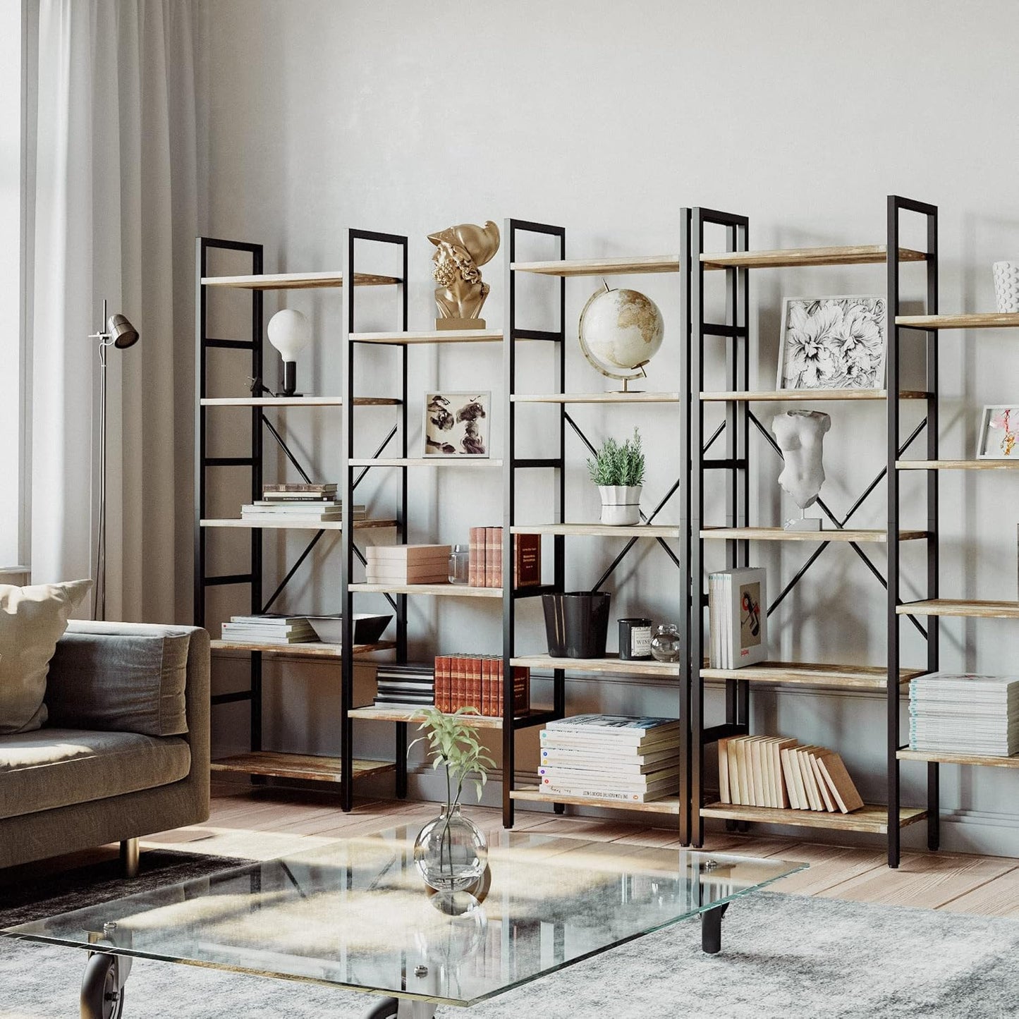 IRONCK Bookcases and Bookshelves Triple Wide 5 Tiers Industrial Bookshelf, Large Etagere Bookshelf Open Display Shelves with Metal Frame for Living Room Bedroom Home Office