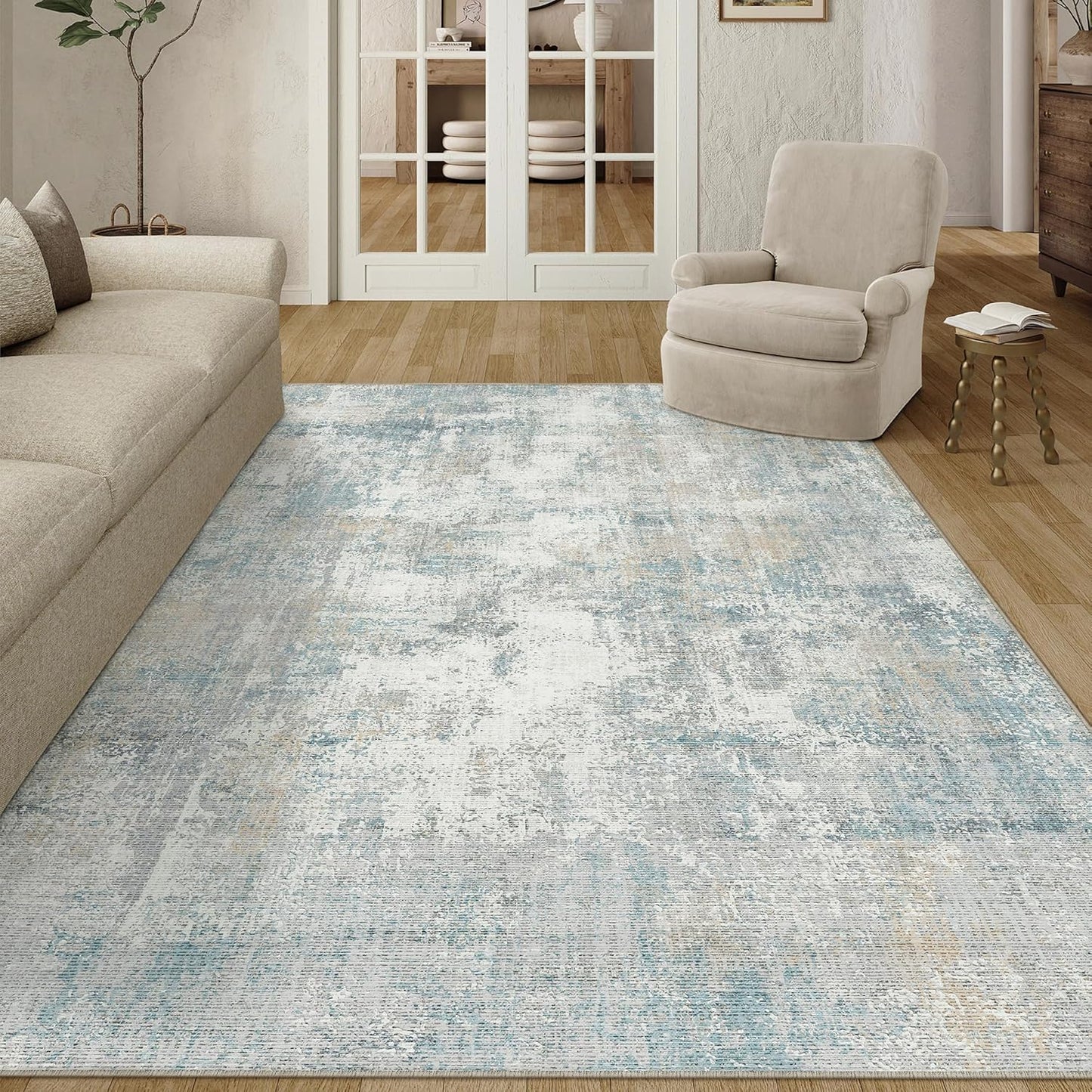 6x9 Washable Area Rug Blue Cream Modern Neutral Abstract Living Room Bedroom Indoor Floor Carpet Low Pile Soft Non-Slip Lightweight Vacuumable Throw Rug for Nursery Dining Room Office