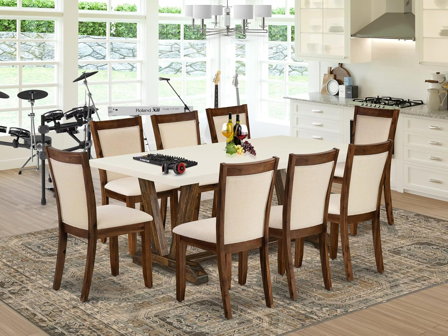 East West Furniture V727MZN32-9 9 Piece Dining Room Furniture Set Includes a Rectangle Dining Table with V-Legs and 8 Light Beige Linen Fabric Upholstered Chairs, 40x72 Inch, Multi-Color