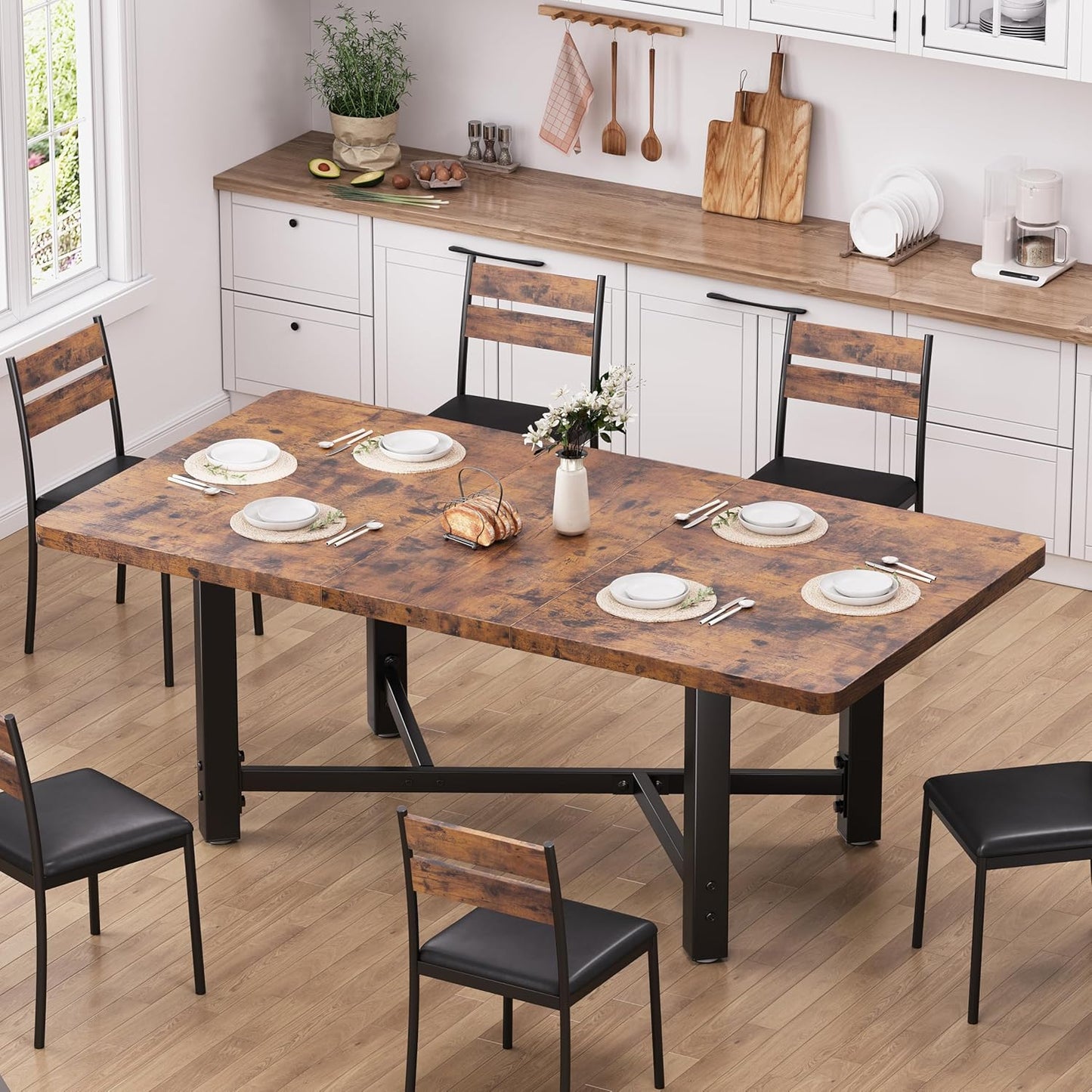 Dining Table for 4-6, 62“Extendable Kitchen Dining Room Table, Space Saving Rectangle Large Expandable Wood Dinner Furniture for Small Space, Brwon