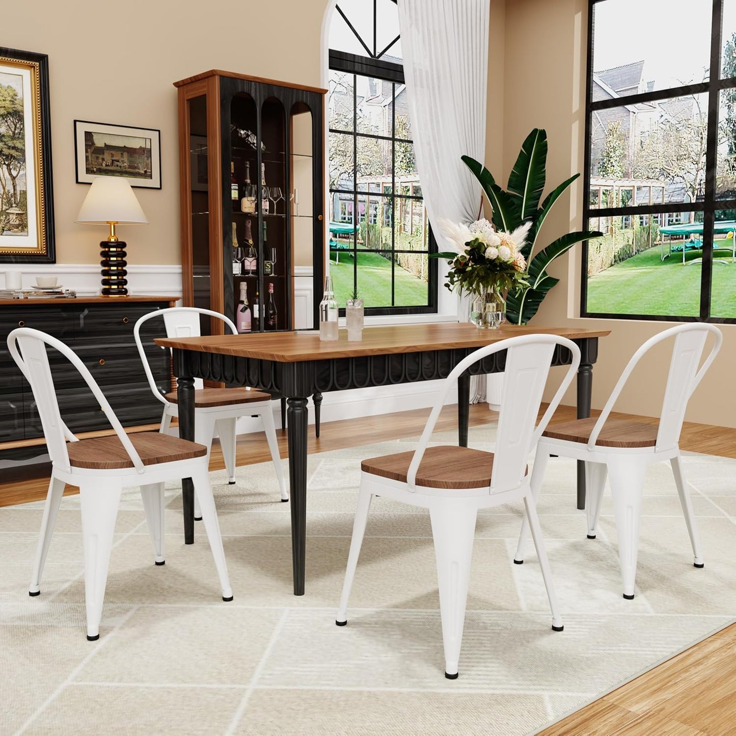 18 Inch Metal Dining Chairs,Arlunar Farmhouse Chairs Set of 4 White Dining Room Chairs Stackable with Back and Wooden Seat bar stools
