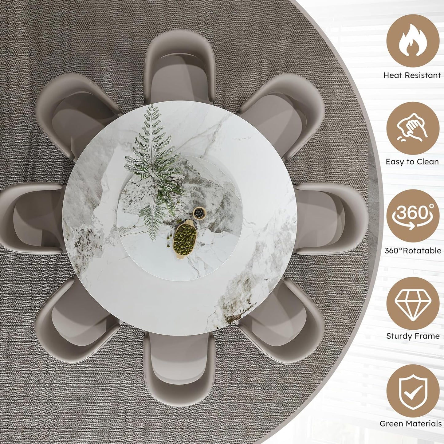 Ball & Cast 9-Piece Dining Set,Faux Marble Table with Detachable Rotating Tray & 8 PU Leather Chairs,Modern Kitchen Dining Room Table Set w/Stainless Steel Base,for Restaurant & Home,Grey