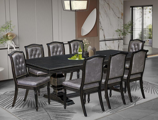NKMA9-SBB-34, 9-pc Dining Table Set Consists of a Wooden Dining Table and 8 Dark Grey Polyester Fabric Parsons Chairs with Button Tufted Back, Sand Blasting Black Finish