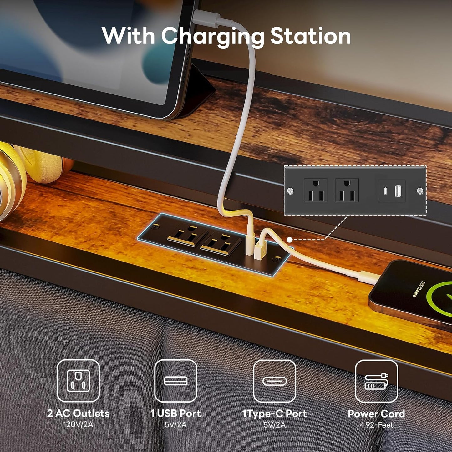 LIKIMIO Corner Full Bed Frame with Trundle, Upholstered Storage Headboard & LED Lights, Full Size Daybed with Charging Station, Sturdy Platform Metal Frame for Living Room, Bedroom, Guest Room, Gray