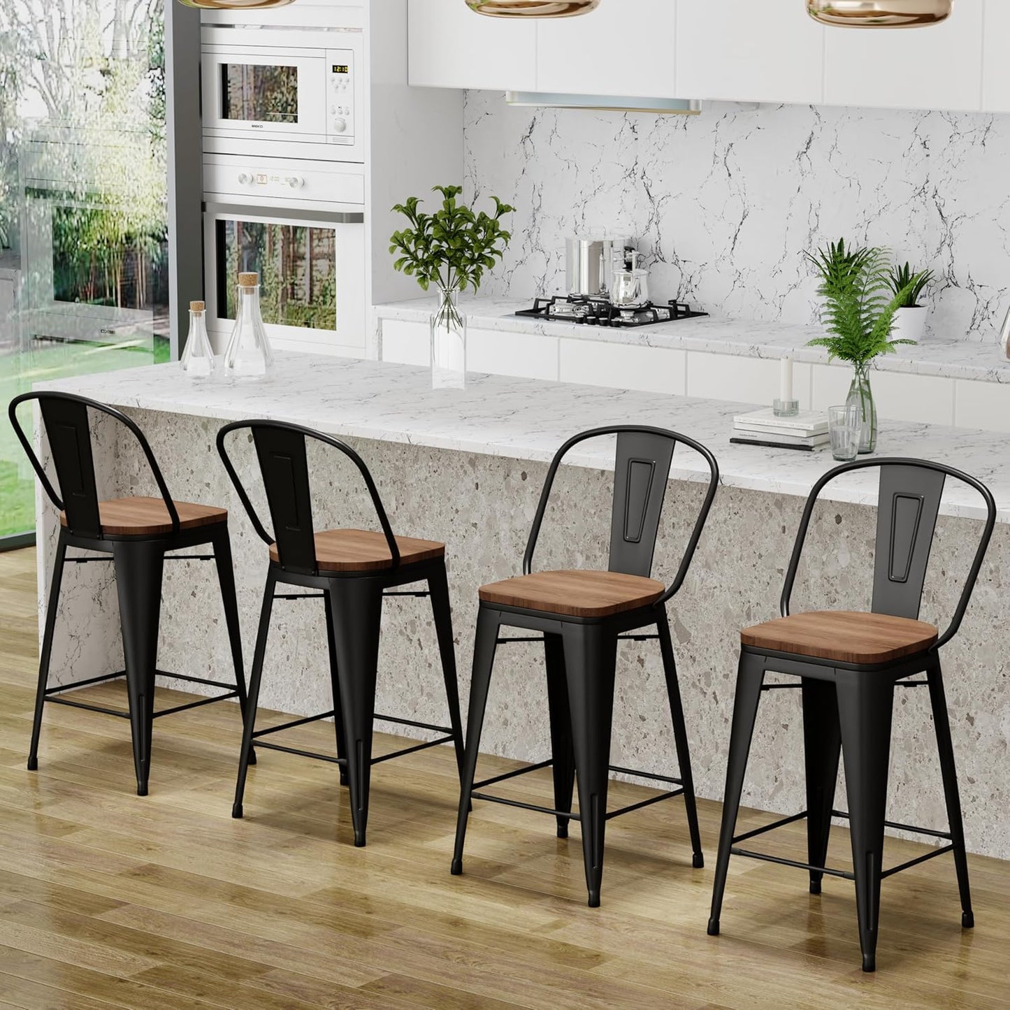 Changjie Furniture 30 Inches Metal Barstools Set of 4 Counter Height Bar Stools Industrial Stools with Backs High Back Chairs for Kitchen Island (30 Inch, Black)
