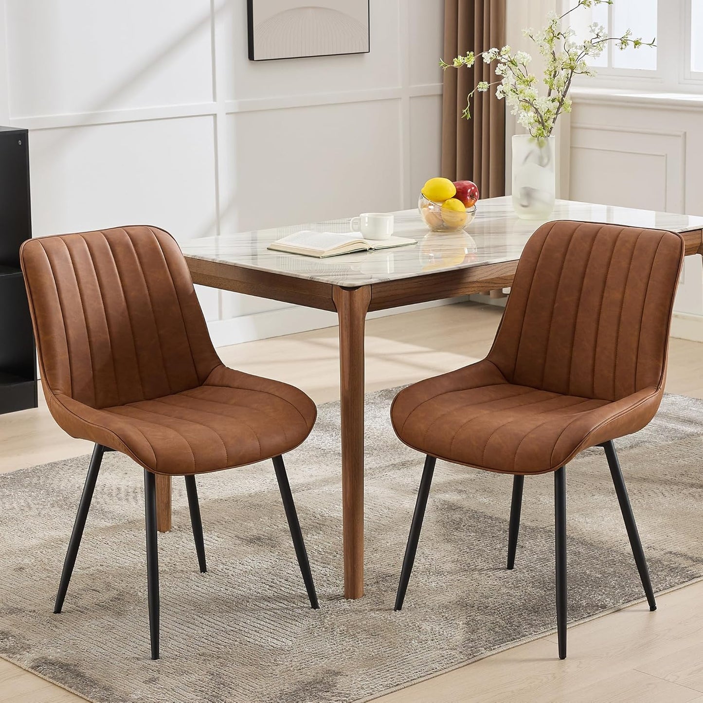 Dining Chairs Set of 2, Upholstered PU Leather Kitchen & Dining Chairs with Whale Backrest,Chair with Padded Seat and Metal Legs for Restaurant/Cafe