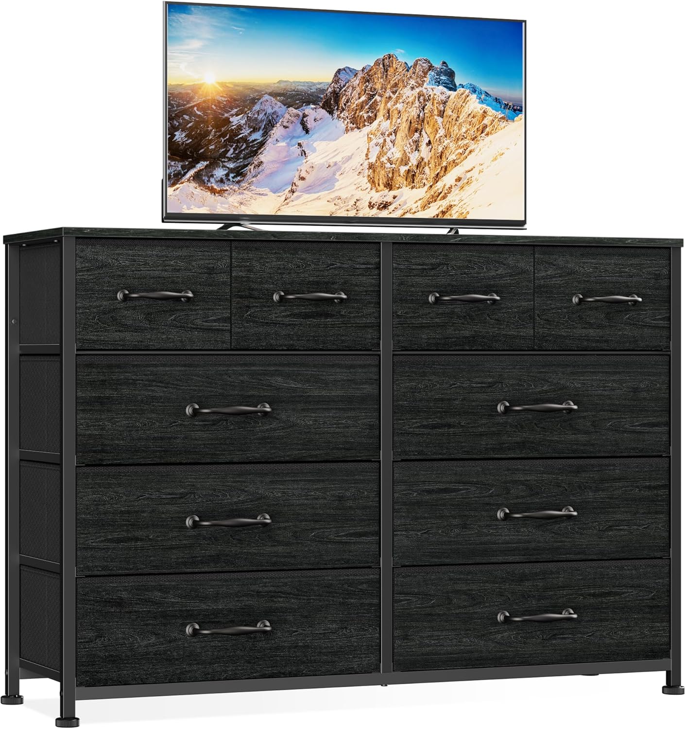 Furnulem Bedroom Dresser for 55”Long TV Stand Entertainment Center Dressers & Chests of Drawers,10 Storage Fabric Drawer, Sturdy Metal Frame Tall Storage Cabinet for Living Room, Entryway, Black Oak