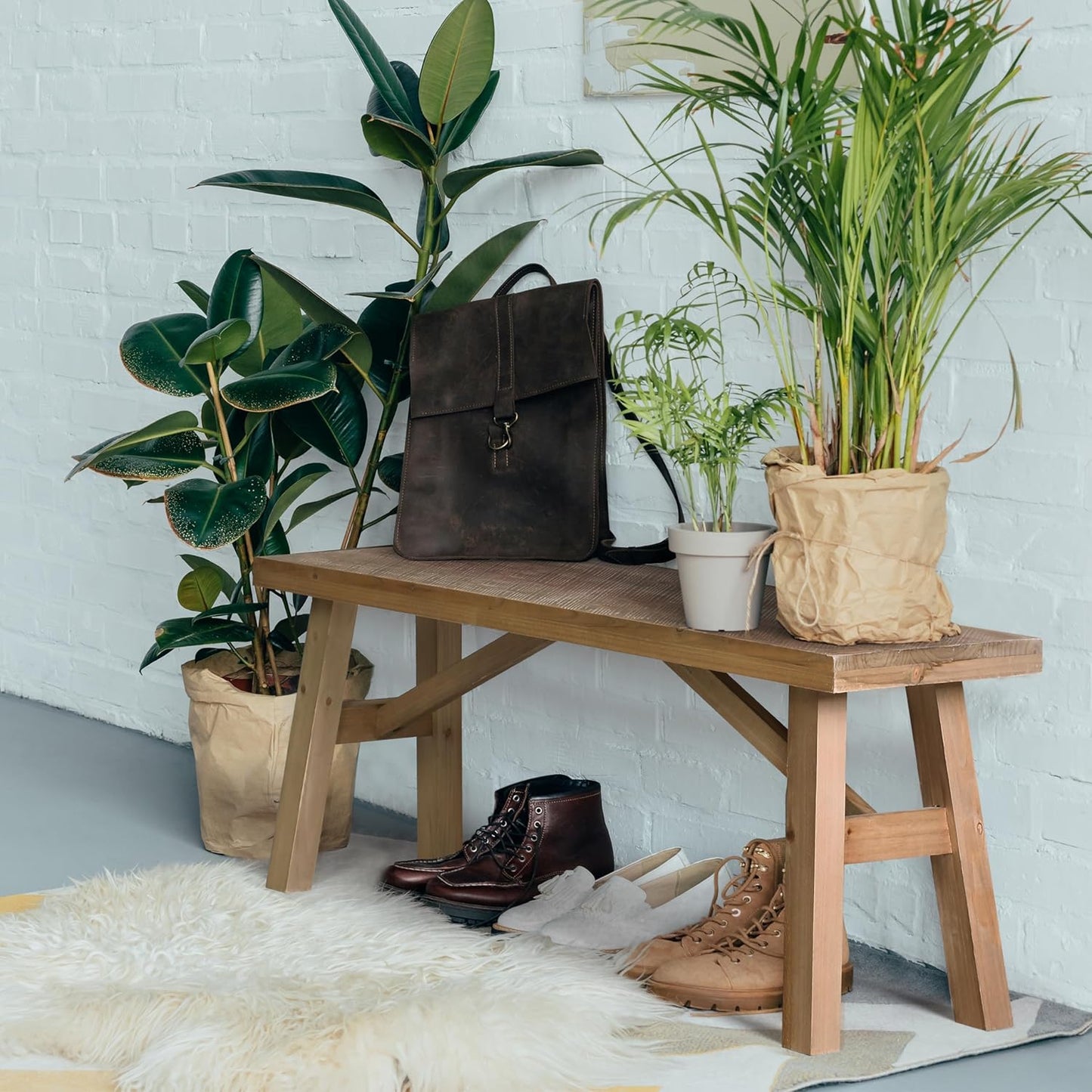 Sawmill Long Wood Bench, 43" Farmhouse Entryway Bench for Living Dining Room, Rustic Entry Way Benches Seat, Solid Wood, Handcraft Finshed, Natural