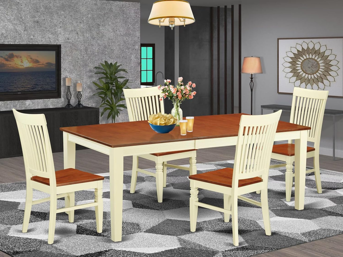 East West Furniture QUWE5-BMK-W 5 Piece Kitchen Table & Chairs Set Includes a Rectangle Dining Room Table with Butterfly Leaf and 4 Dining Chairs, 40x78 Inch, Buttermilk & Cherry