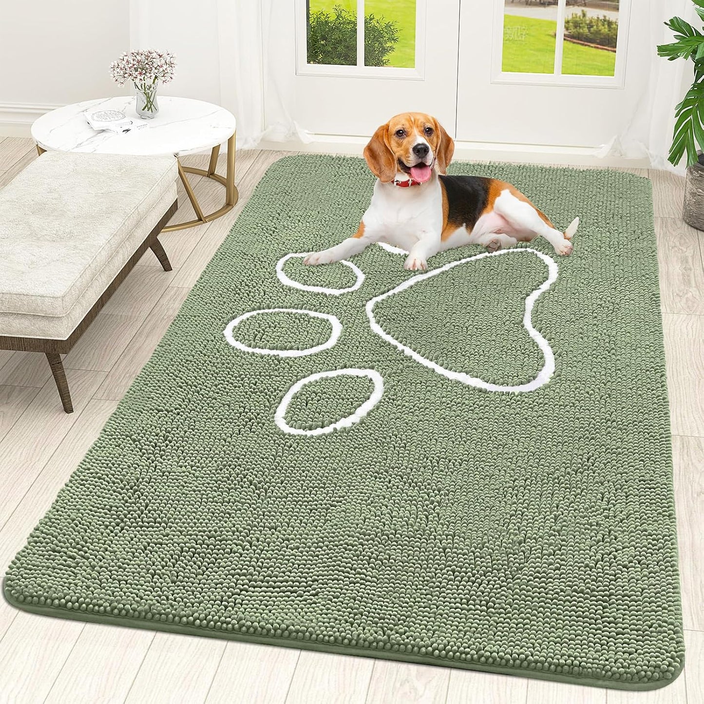 OLANLY Door Mat for Muddy Dog Paws 59x35, Ultra Absorbent Chenille Mud Doormat with Paw Print Design, Non-Slip Washable Doormat for Indoor Entryway, Quick-Dry Pet Bed Mats for Dirty Dogs, Sage Green