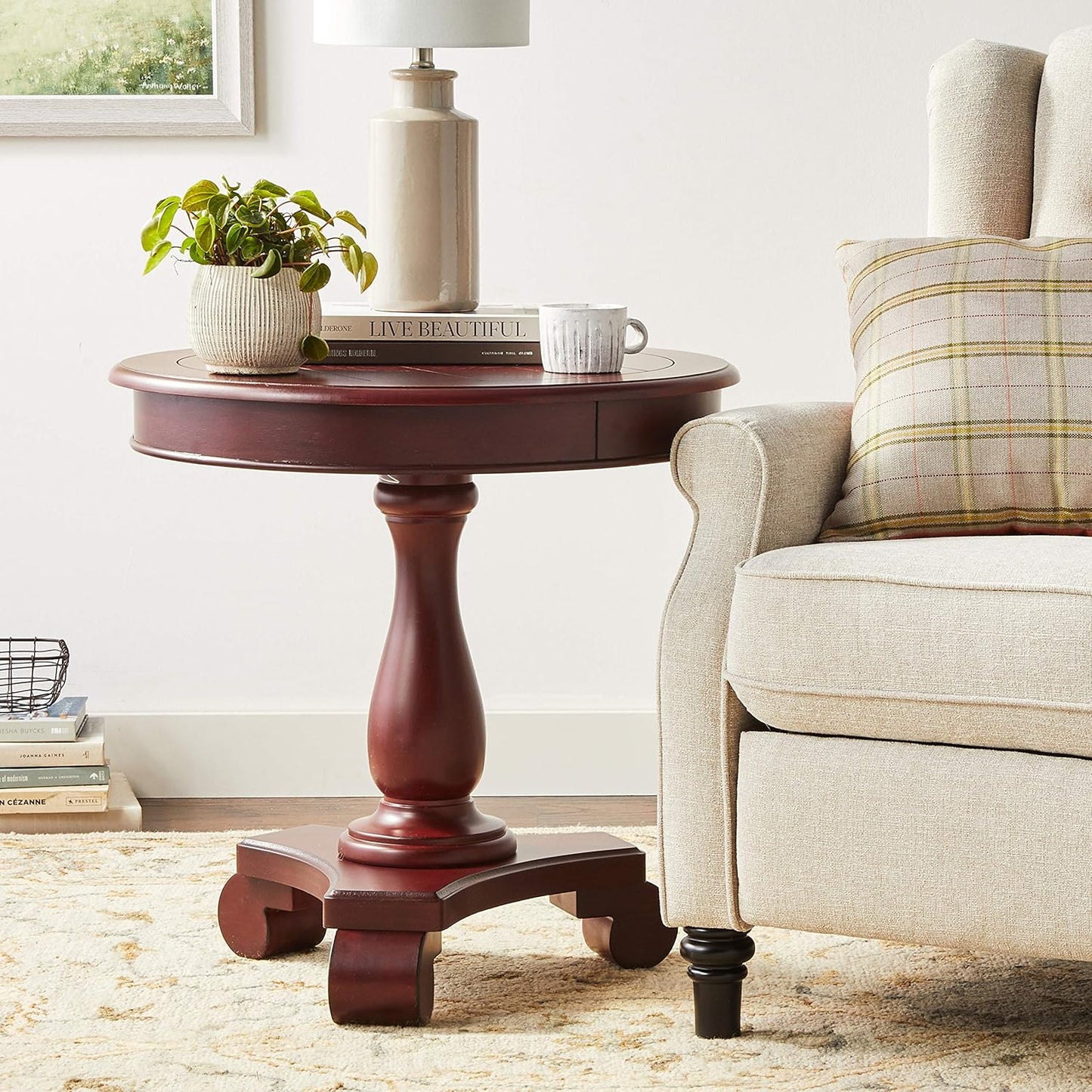 INSPIRED by Bassett OSP Home Furnishings Avalon Hand Painted Round Accent Table with Traditional Accents, Vintage Wine